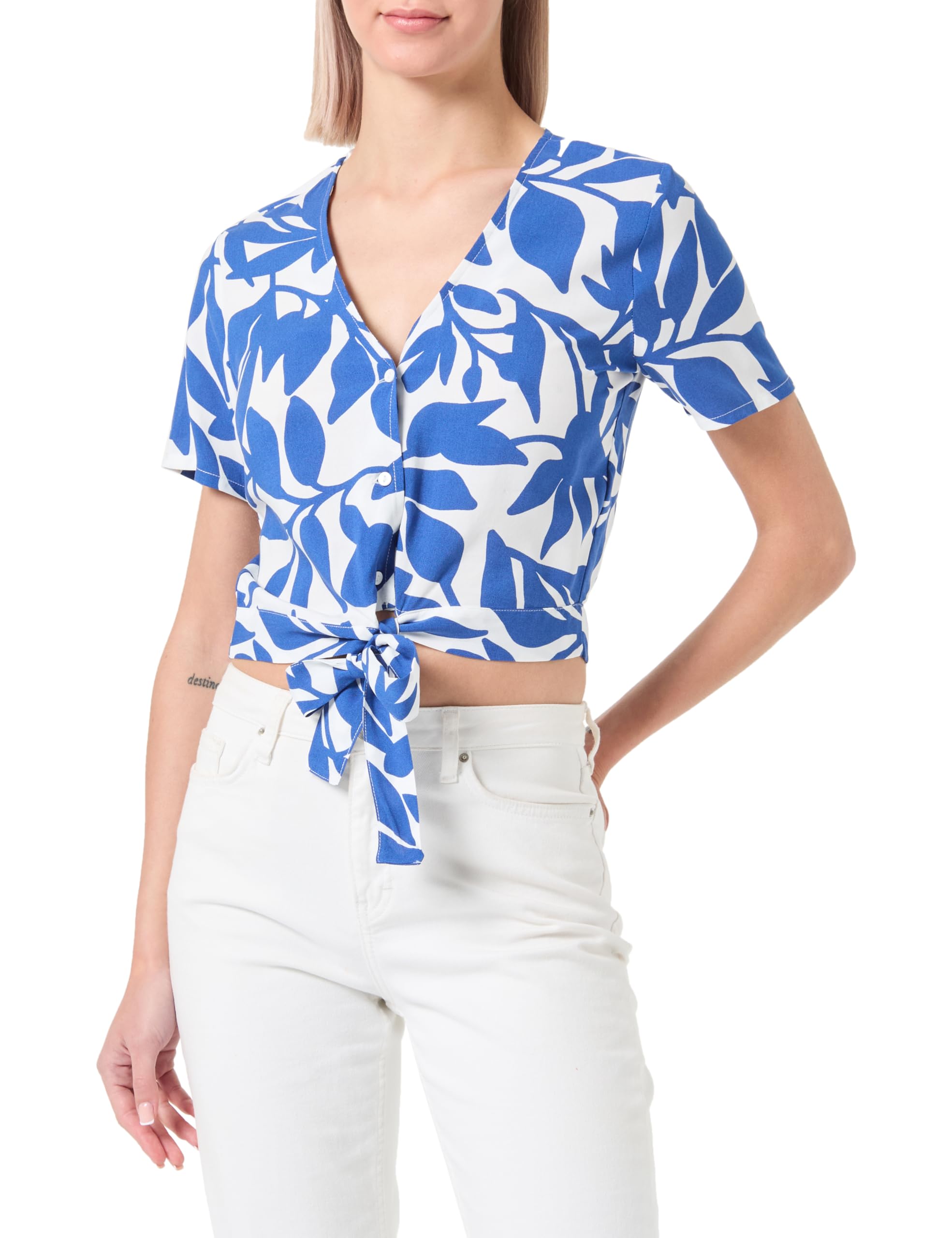 VERO MODA Women's Vmeasy Joy S/S Tie Shirt WVN Ga Top, Snow White/AOP: Alisa Mazarine Blue, XS