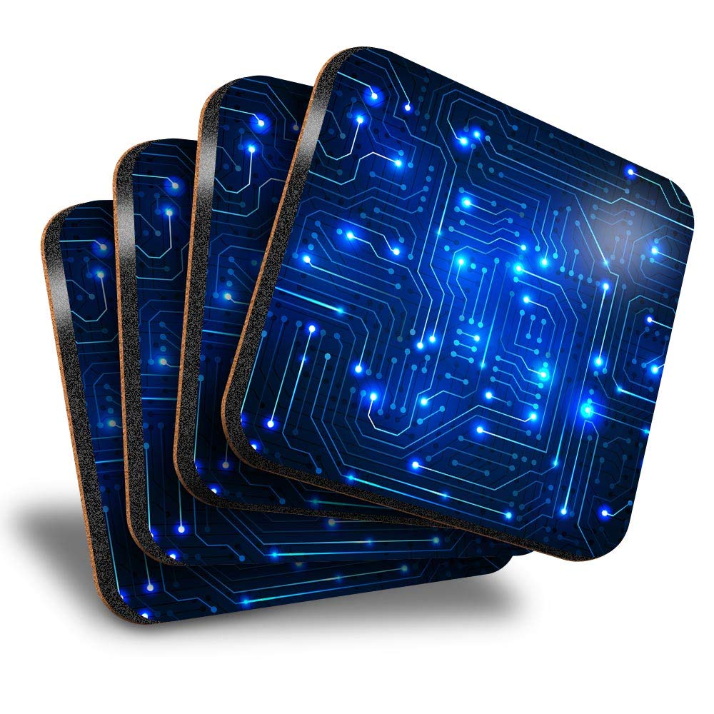 Destination Vinyl ltdGreat Coasters (Set of 4) Square - Blue Circuit Board Tech Geek Computer Drink Glossy Coasters/Tabletop Protection for Any Table Type #8127