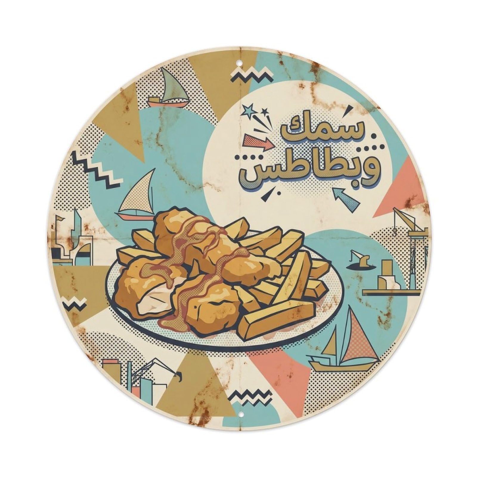 Fried Fish Food Culture Geometric Memphis UAE Travel Metal Tin Sign