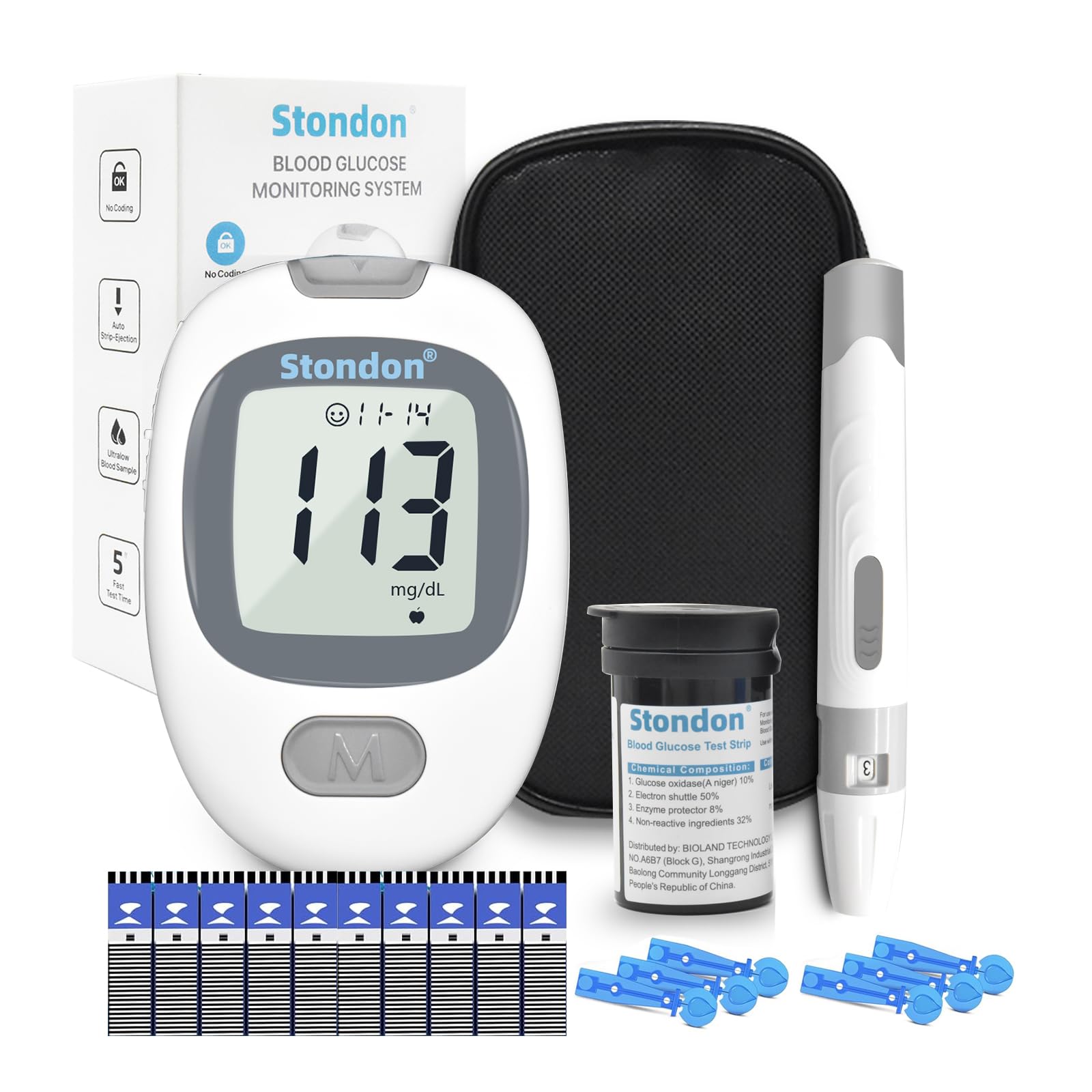 Close-up of the Stondon G430 Blood Glucose Monitor showing its large digital display and 'M' button.