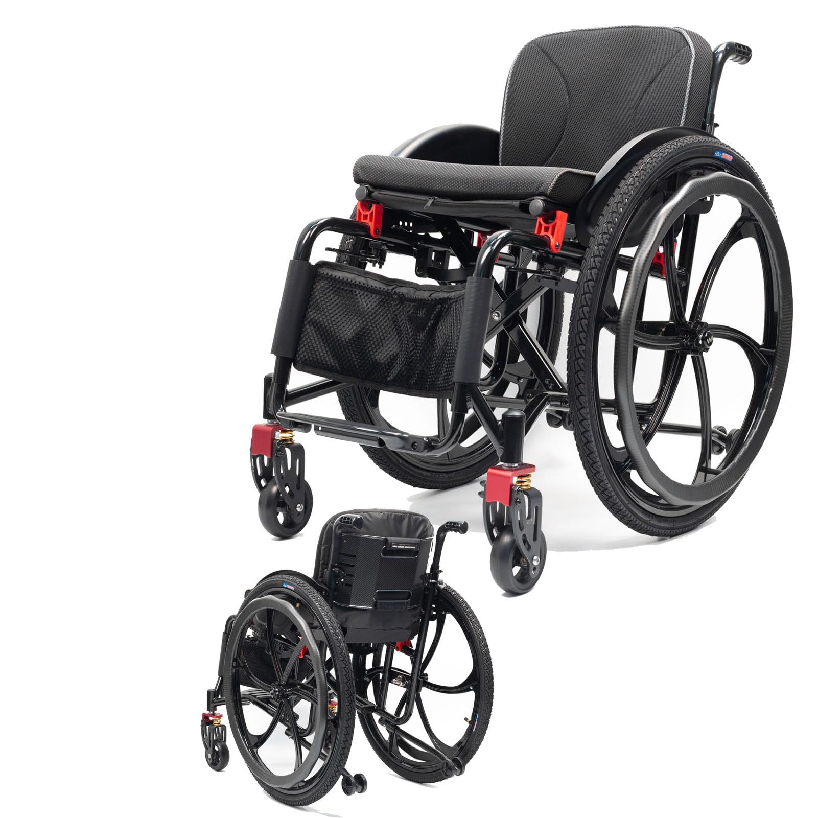 Sportowy wózek inwalidzki z napędem ręcznym SeatW42cm | Lekki (13 kg), koła tylne 24 cale, składany, odpowiedni do transportu i podróży, przystosowany do jazdy w trudnym terenie.