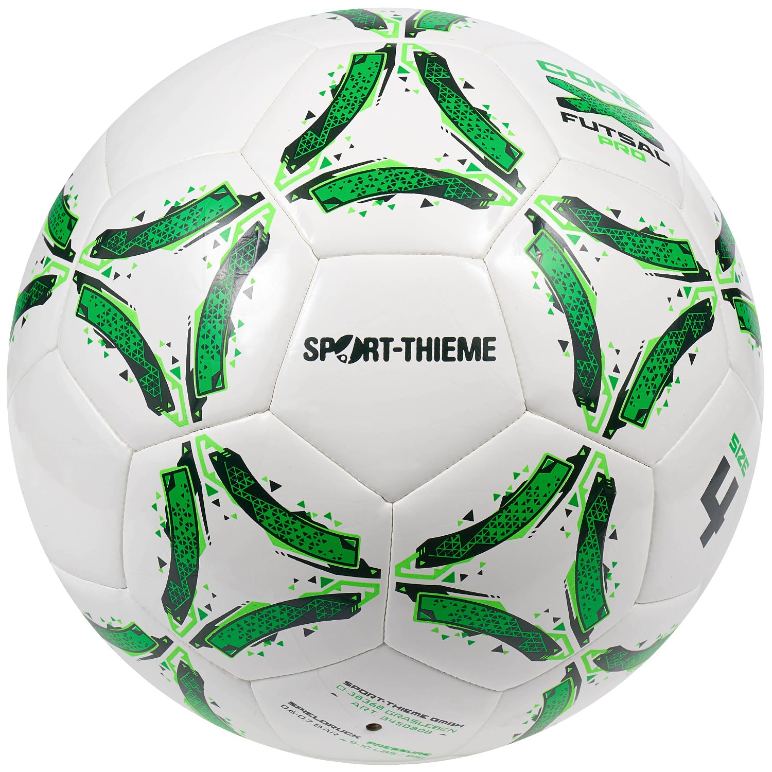 Sport-Thieme Futsalball CoreX Pro | Hybrid-Technologie, reduziertes Sprungverhalten | Match- und Trainingsball Gr 4 Weiß-Grün | PU-Oberfläche, Butyl-Blase, 62-64 cm, 420-440 g