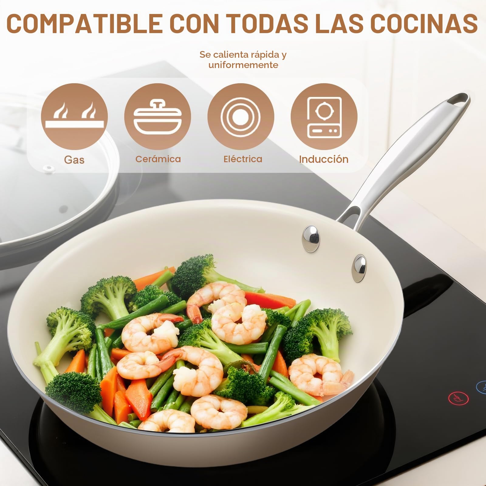 24 cm y 28 cm cerámica antiadherente sartén Skillet - PFAS-libre, no tóxico, horno seguro y inducción listo, utensilios de cocina de aluminio con mango de acero inoxidable