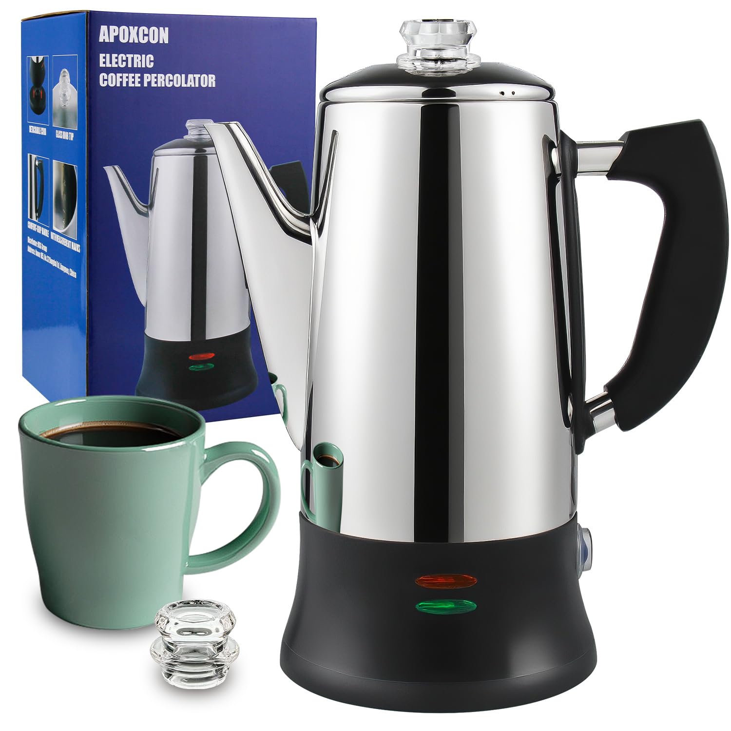 APOXCON Percolateur électrique 12 tasses – Certifié CE, classique avec système d'infusion rapide, bouton en verre résistant à la chaleur et fonction de service sans fil