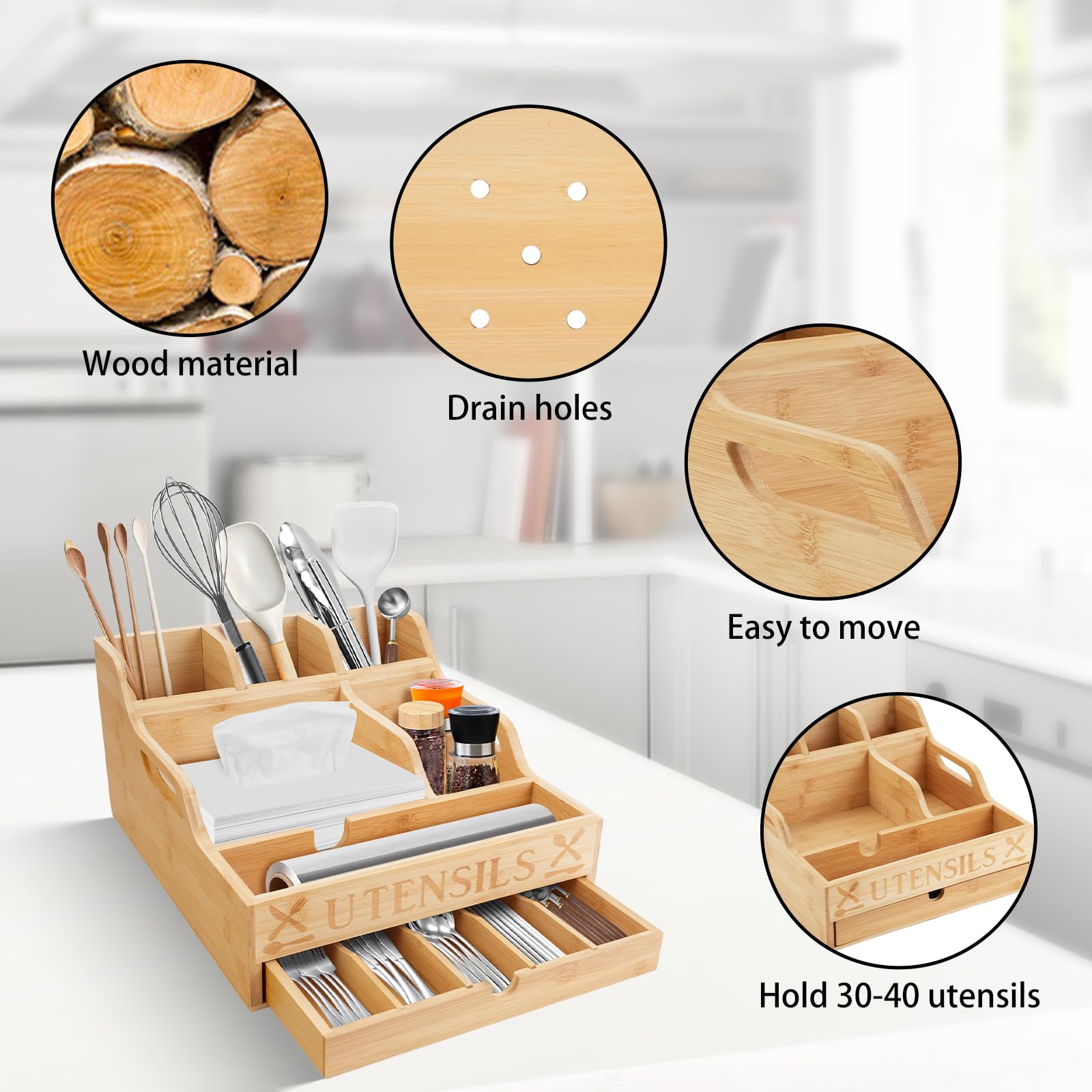 Soporte para utensilios de cocina con cajón, organizador de utensilios de bambú para encimera de cocina, organizador de cubiertos para servilletas, tenedores, cuchillos, platos, fiesta, barbacoa