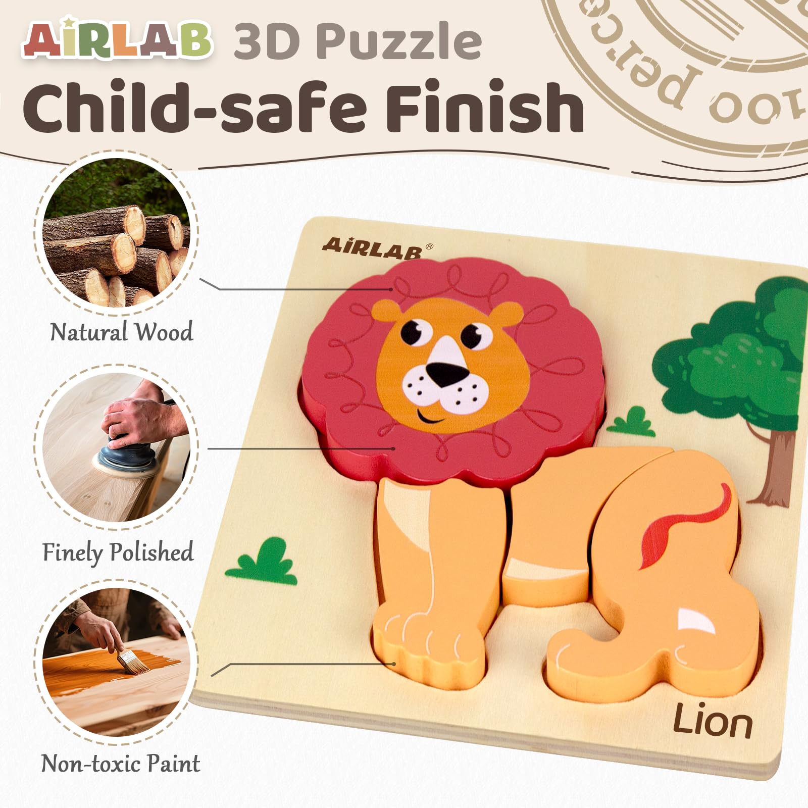 Airlab Puzzle Legno Bambini 18+ Mesi, Giocattoli Educativi Risveglio Montessori, Puzzle Animali 3D con Cornice e Borsa Organizer, Regalo Compleanno Pasqua Halloween Natale Ragazzi Ragazze 2 3 4 5 Anni