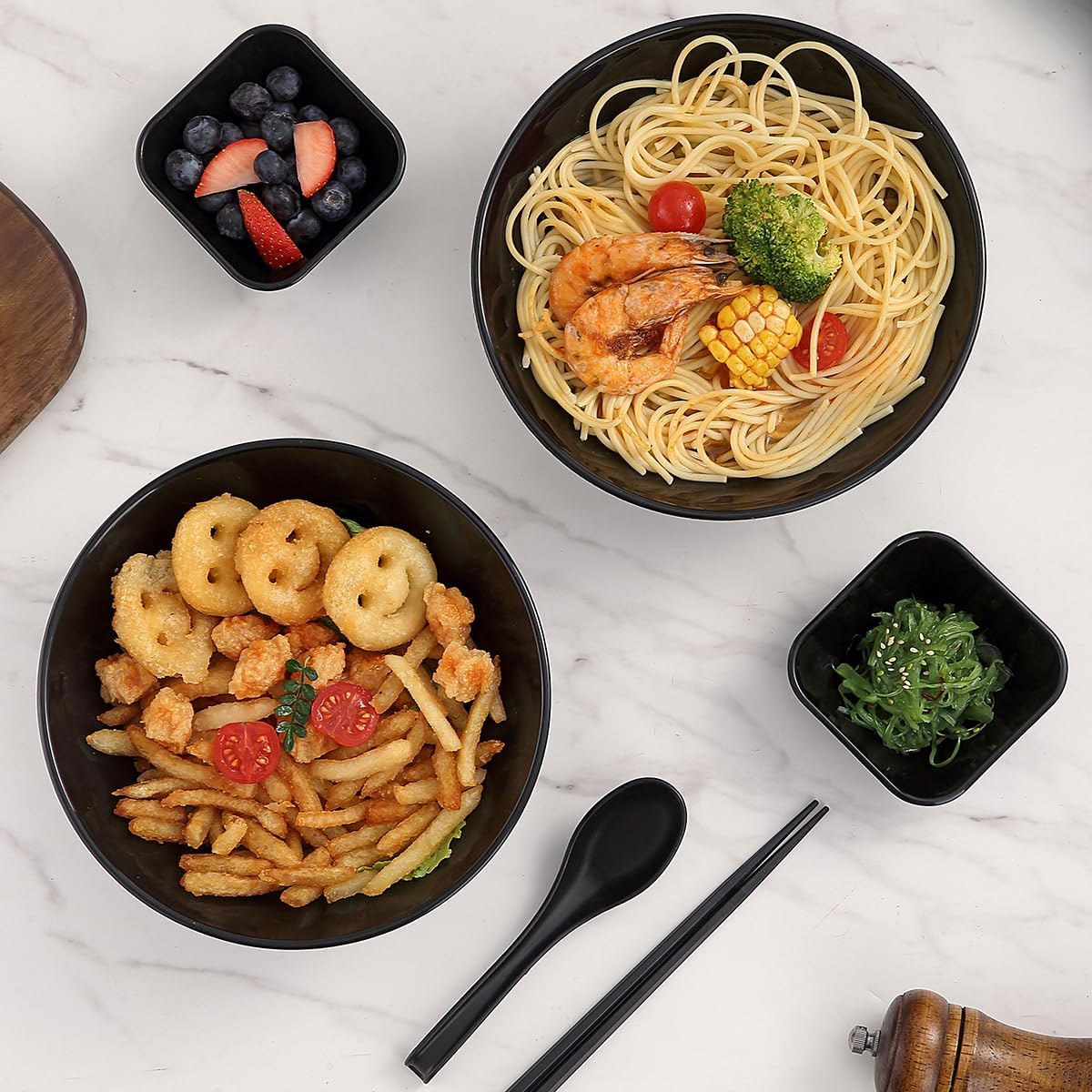 Berglander Ramen Bowl Set 40 oz of 2 with Dipping Bowls Chopsticks Spoons, Unbreakable Japanese Style Plastic Noodle Soup Bowls for Asian Pho Soup Thai Miso Udon Wonton