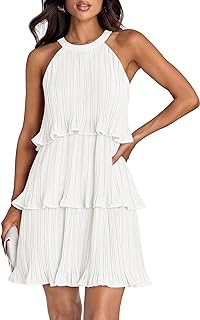Women's 2025 Summer Halter Dresses Sleeveless Ruffle Tiered Layered Chiffon Pleated A Line Swing Mini Dress - Buy now