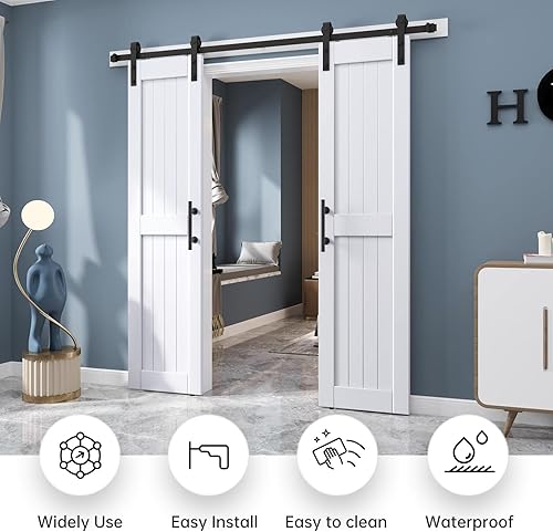 Miniatura 2 de EaseLife puerta de granero blanca de 42 x 84 pulgadas (puerta doble 21x84) con kit de herrajes para puerta corredera de 7 pies incluido y manija,