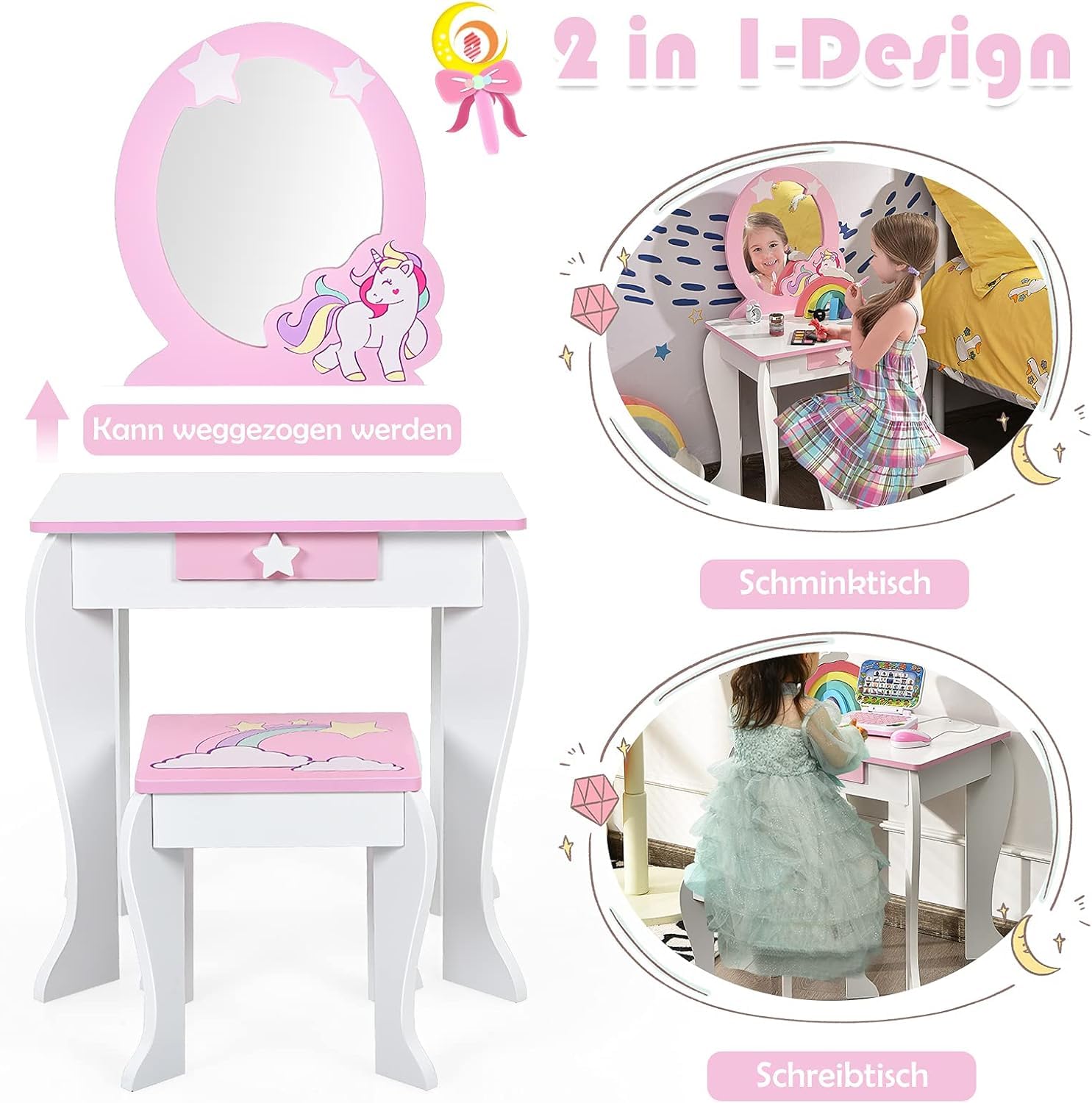 FANTASK Tocador Infantil con cajón y Espejo extraíble, tocador de Princesa con Taburete, tocador Rosa y Blanco para niñas de 3 a 7 años