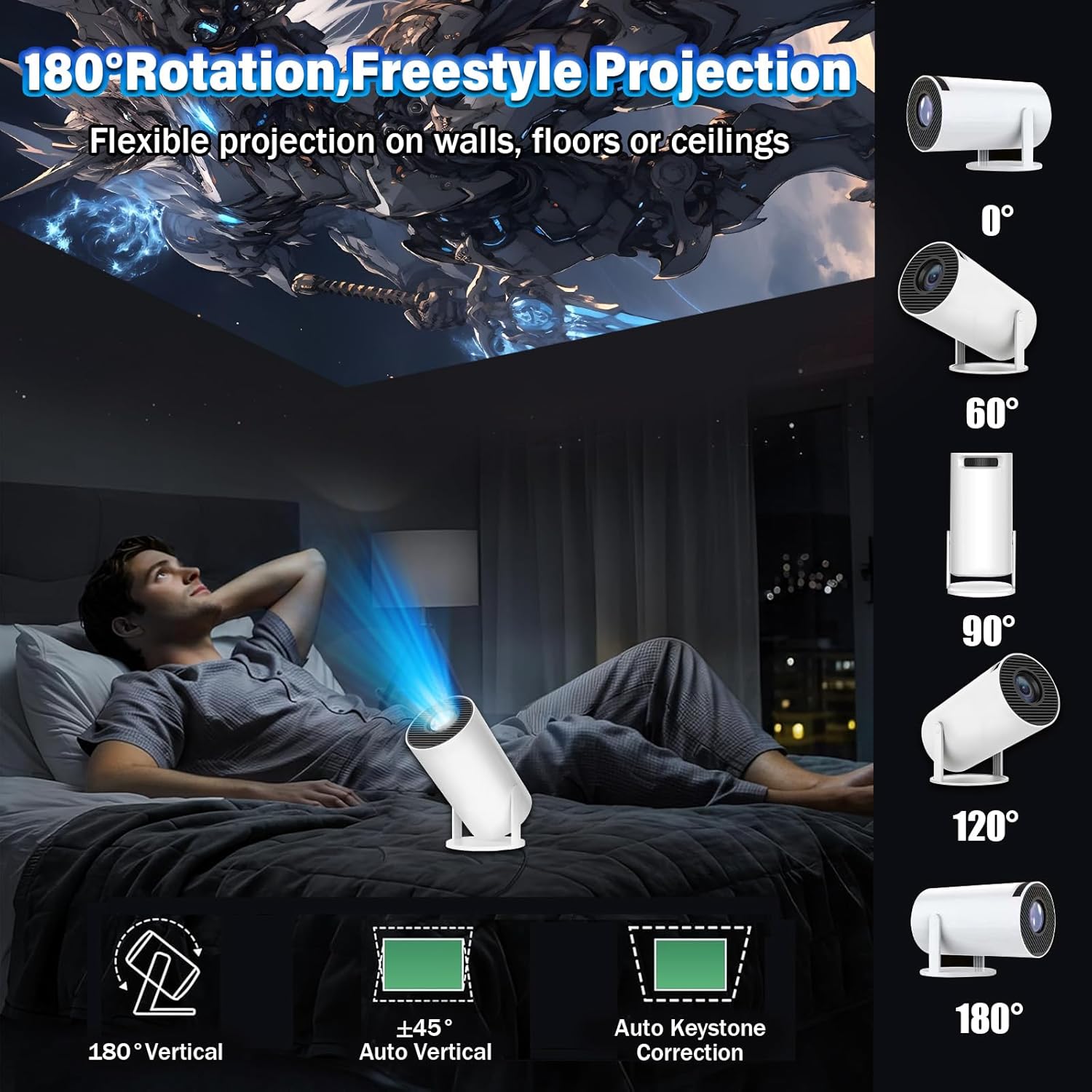 Mini Projector with WIFI and Bluetooth,200 ANSI Android 13 Mini Portable Projector 4K,<25 dB Noise,Dual band WiFi6 + BT5.0,180° Rotation,1280*720P,Smart Proyector for Movie Home Outdoor