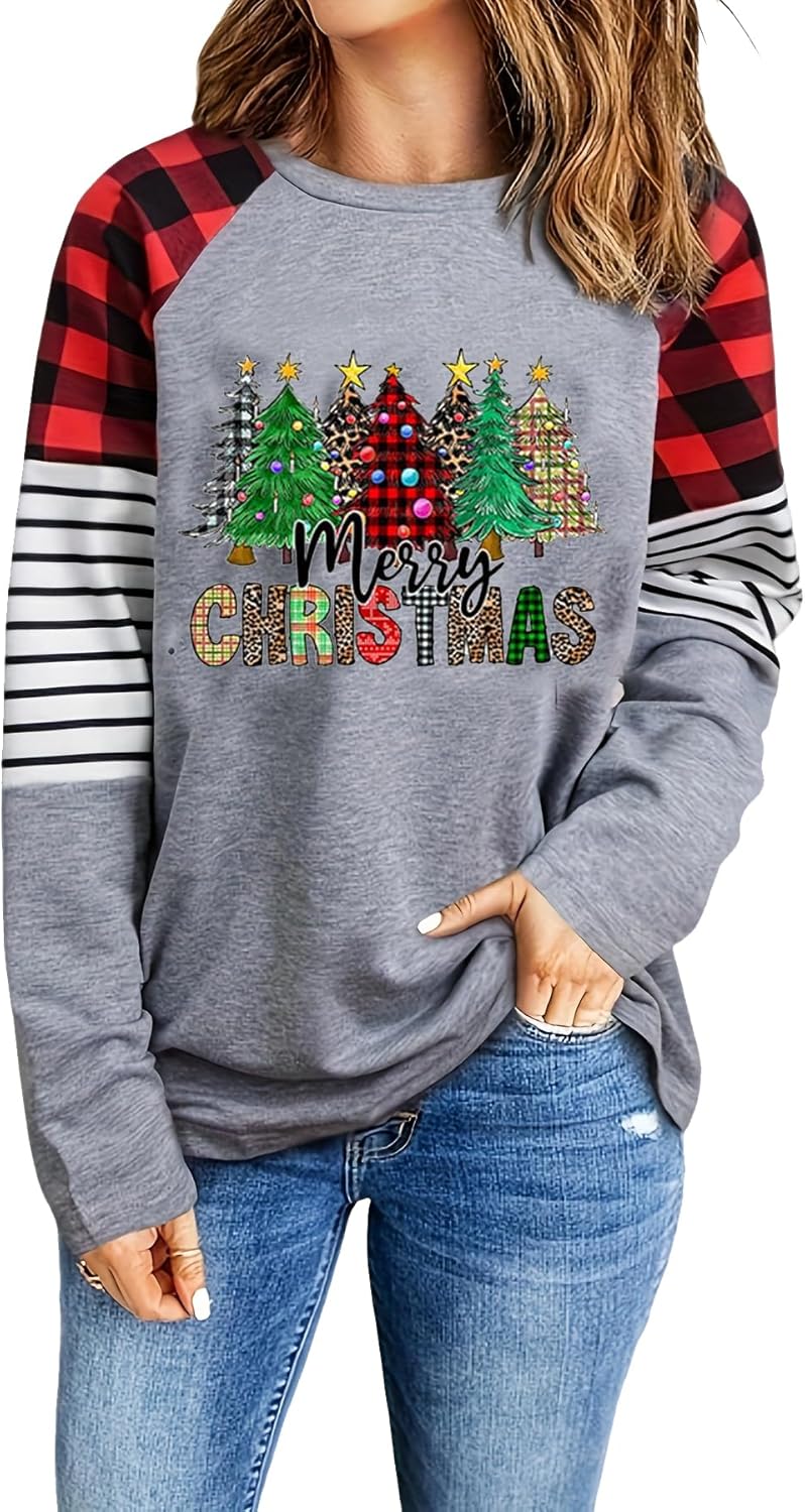 Christmas Shirts for Women Plus Size Xmas Tree Shirt Top Buffalo Plaid Long Sleeve Holiday Outfits Tee Tops