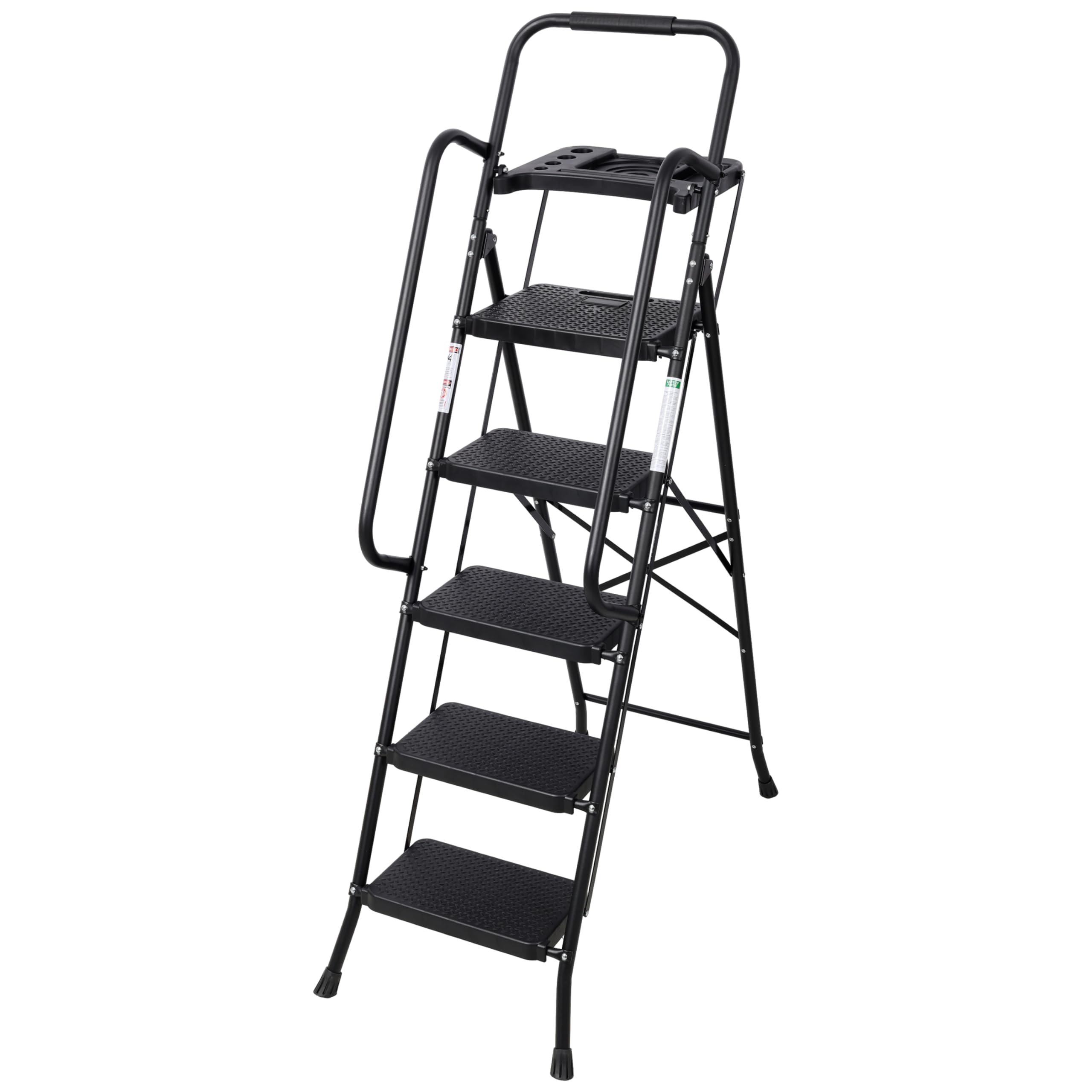 Step Ladder 5 Step Folding, Sturdy Ladder for Home, Lightweight Steps Stool with Top Tool Slot, Portable Steel Ladders with Anti-Slip Pedal and Convenient Handrail, 330 LBS Load Capacity, Black