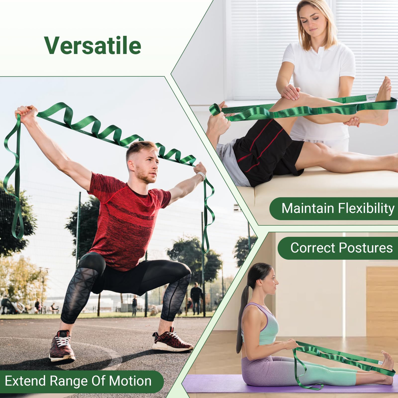 Correa elástica con trabillas para terapia física, correas de yoga para estirar con bucles, correas de pierna no elásticas para rehabilitación de rodilla, 8 pies de largo x 1.2 pulgadas de ancho