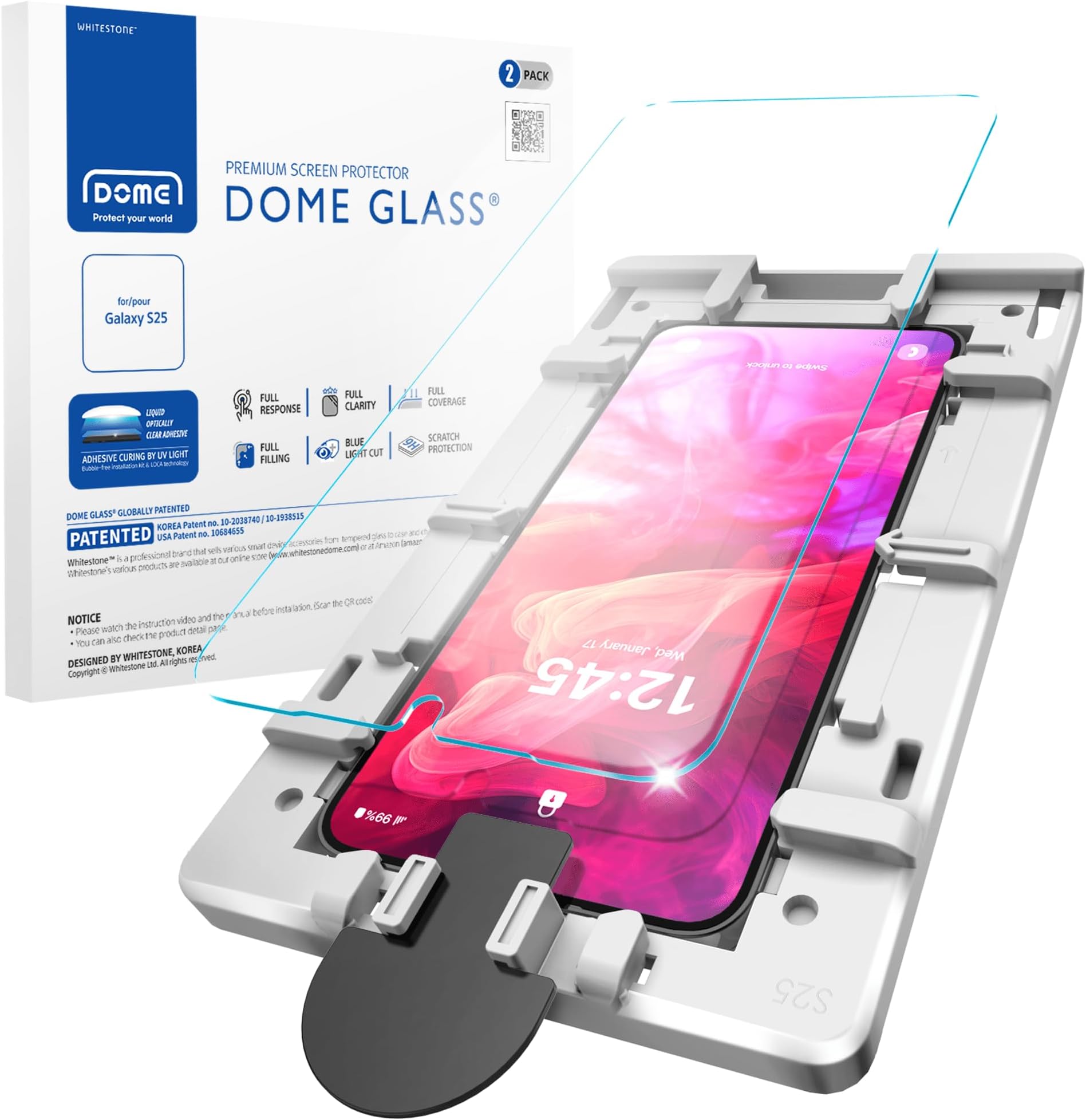 DOME GLASS Whitestone for Samsung Galaxy S25 [Perfect Full Coverage] Tempered Glass Screen Protector with a technical patent [2Pack]