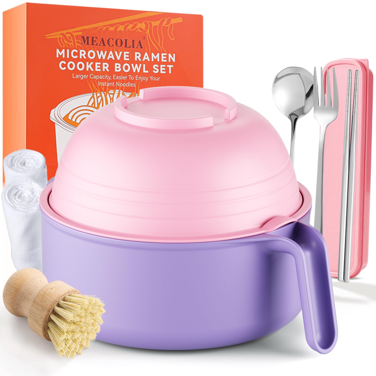 MEACOLIA Large Ramen Bowl Set, Microwave Noodle Pasta Cooker with Lid and Strainer, with Stainless Steel Chopsticks, Spoon, Fork, College Dorm Room Essentials for Girls for Boys (Pink)