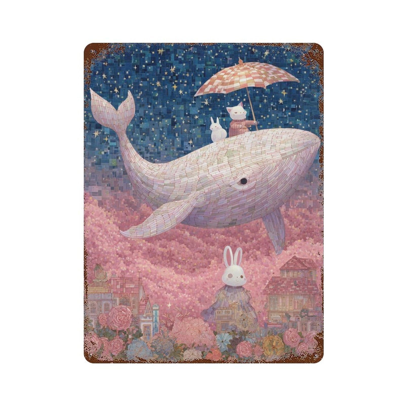Whale Floating in Pink Sky Rust Effect Tin Sign 15.7"x11.8", Industrial Home Decor for Garage, Pub Or Kitchen