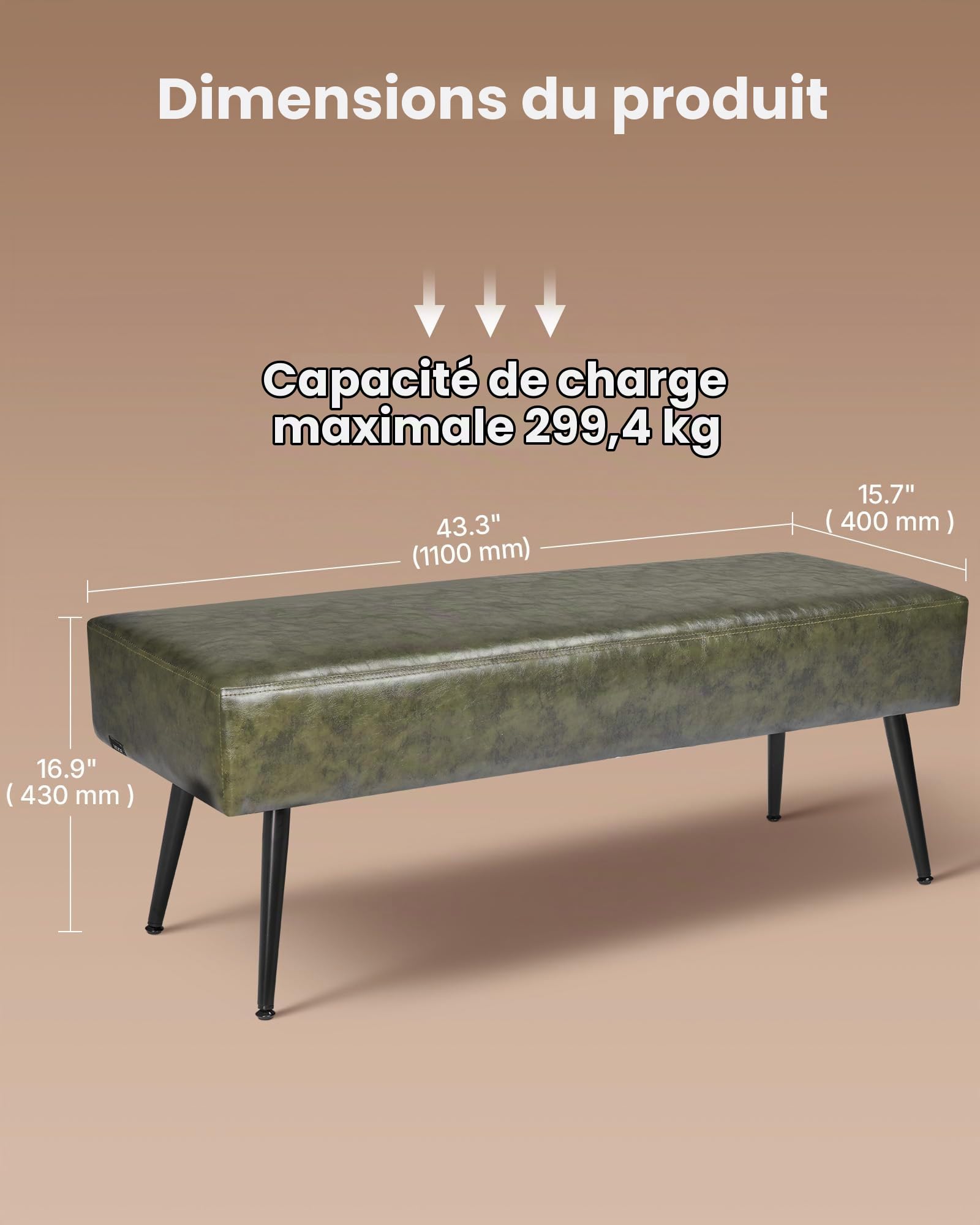 VEVOR Banc en Cuir PU de 110 x 40 x 43 cm, Bout de Lit avec Pieds en Métal, Banquette Moderne, Meuble Repose-Pieds pour Chambre à Coucher, Entrée, Salon, Salle à Manger, Couloir, Maison, Vert
