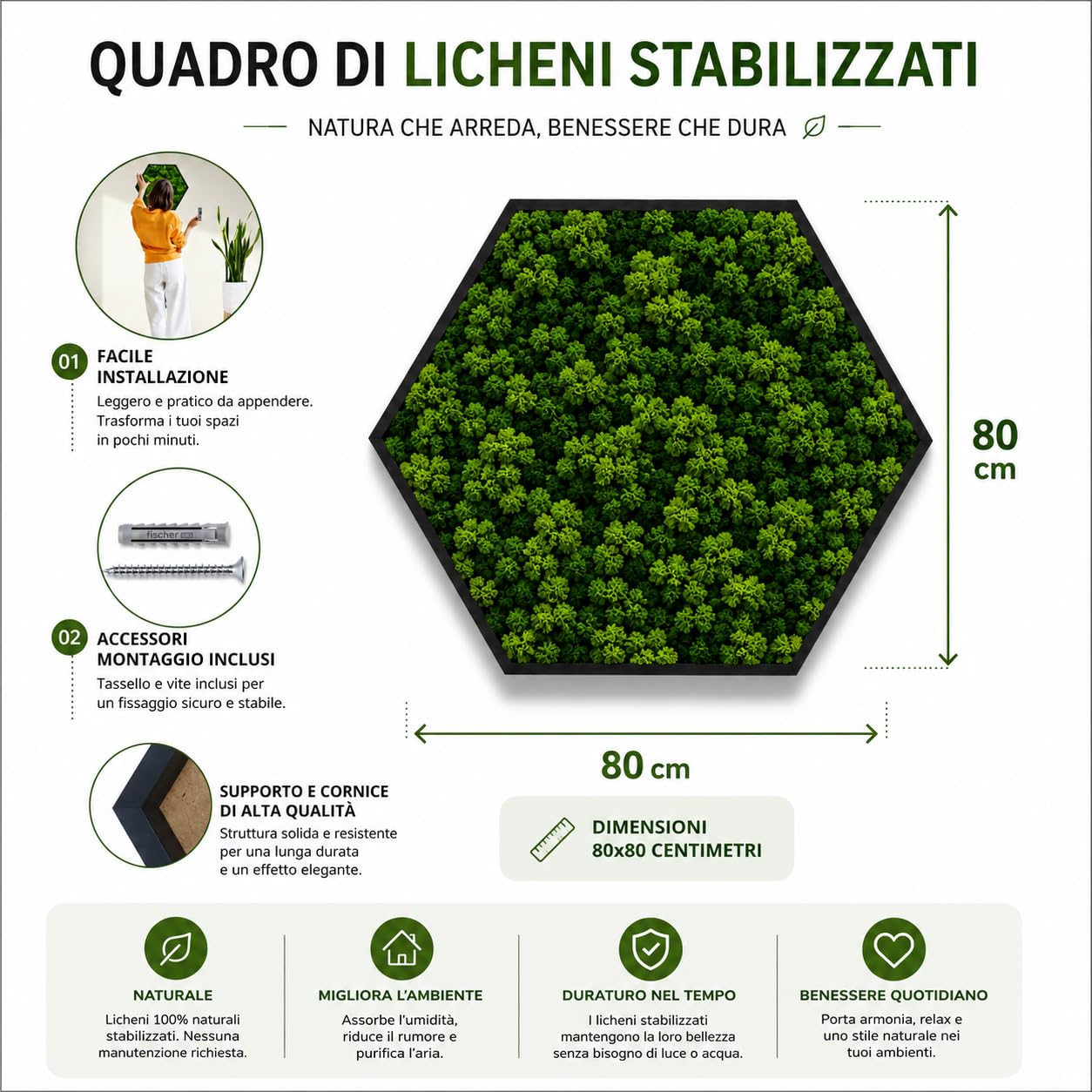 Quadro Esagonale Verde Stabilizzato con Muschio e Licheni Naturali - Decorazione Vegetale di Design per Casa e Ufficio - Senza Manutenzione (Esagonale 80x80 cm, con Cornice)