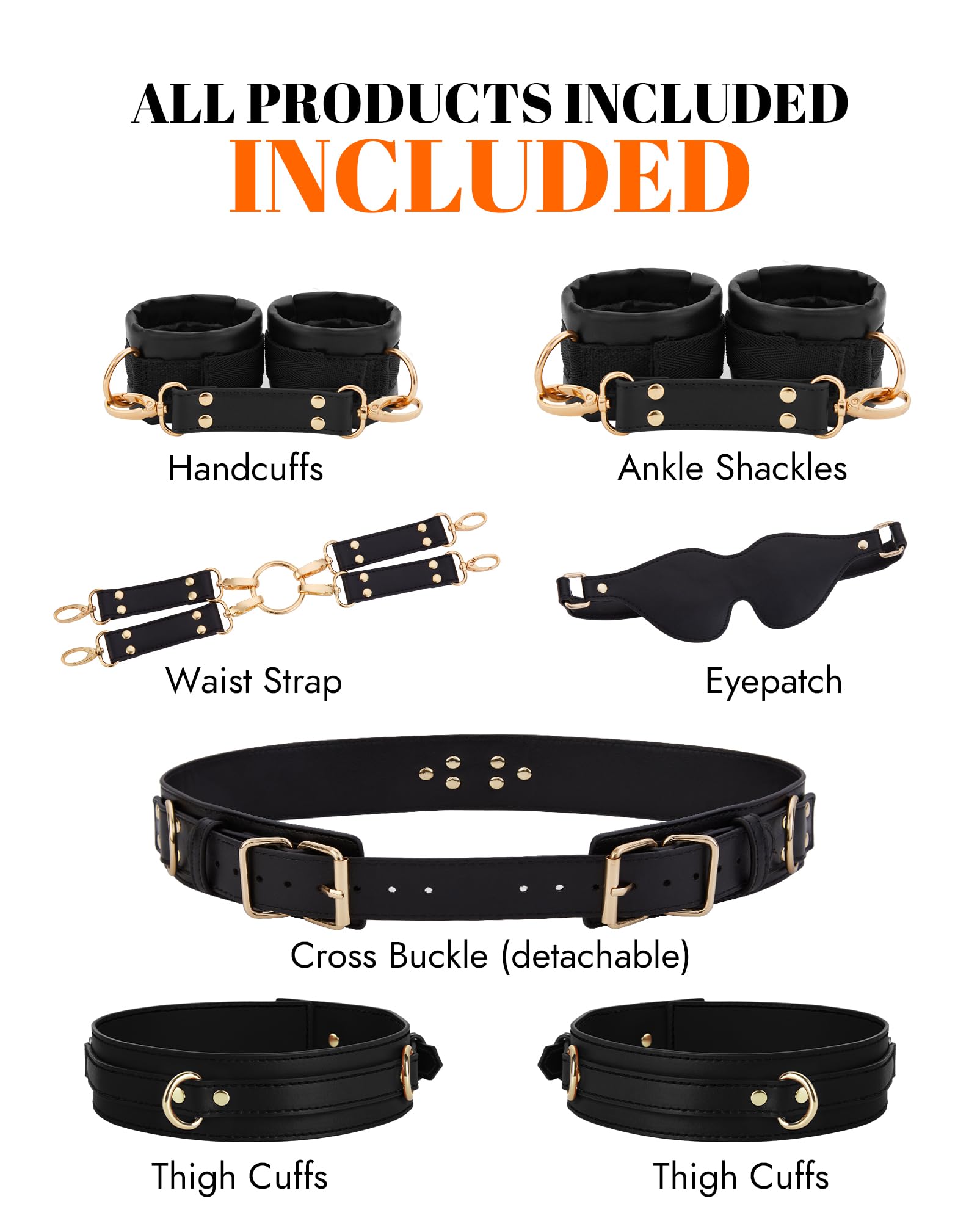 UTIMI Sex Bondage BDSM Kit Restraints Adult SM 6PCS Sets with Adjustable Handcuffs Ankle Cuff Thigh Cuffs Waist Strap Blindfold Cross Strap Sex Toys for Men Women and Couples,: Black