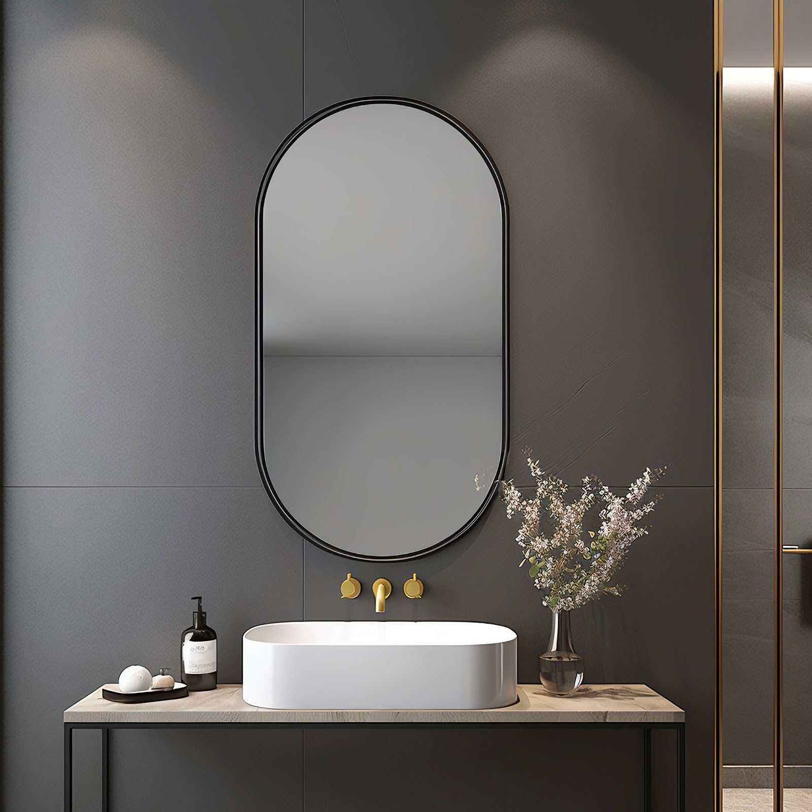 Miroir ovale de salle de bain avec cadre en métal noir haut de gamme