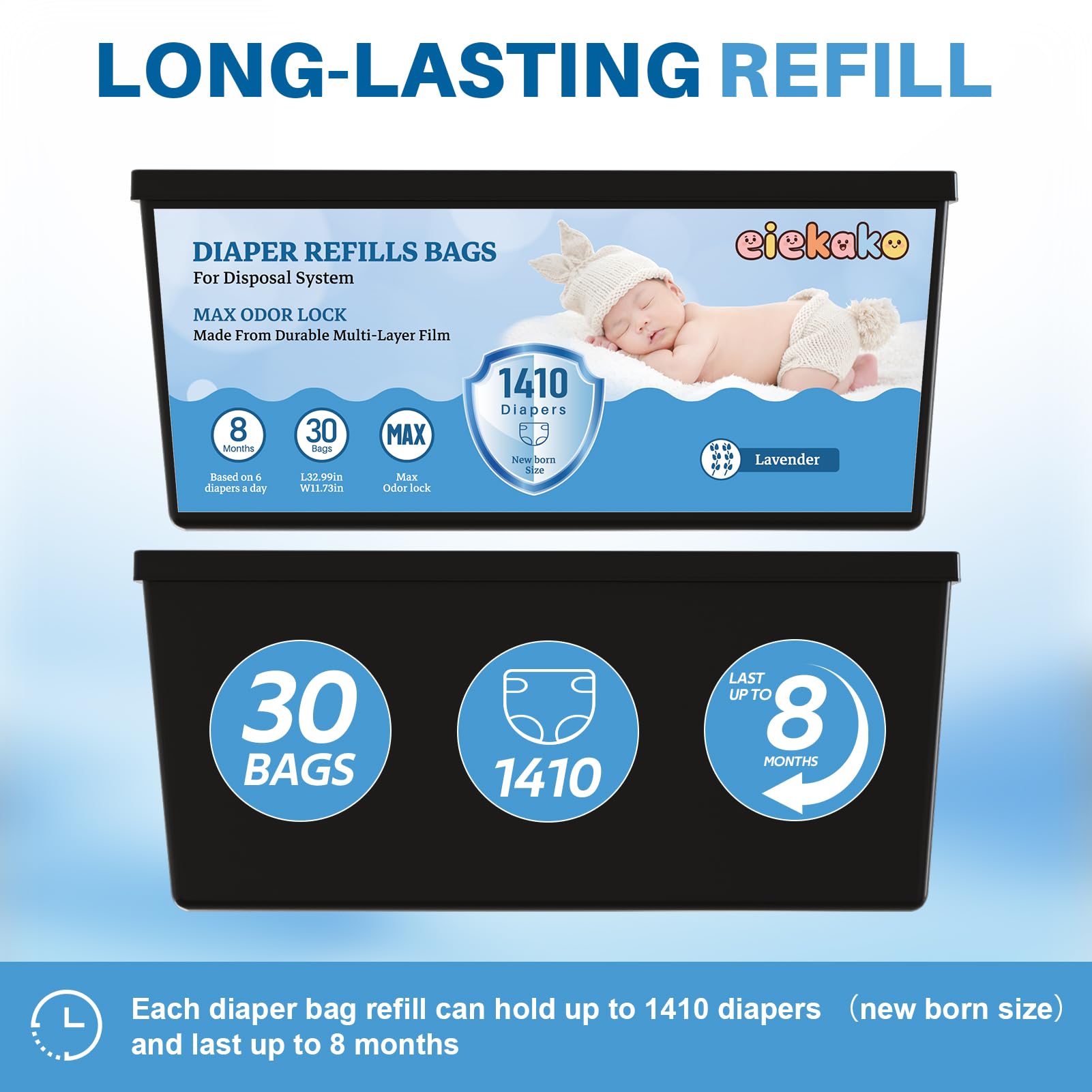 Diaper Refill Bag 7-Layer Odor Control Extra Thick for Genie Easy Roll & Platinum Pail, 3-Pack (90 Bags), Holds Up to 4200 Newborn Diapers - 2