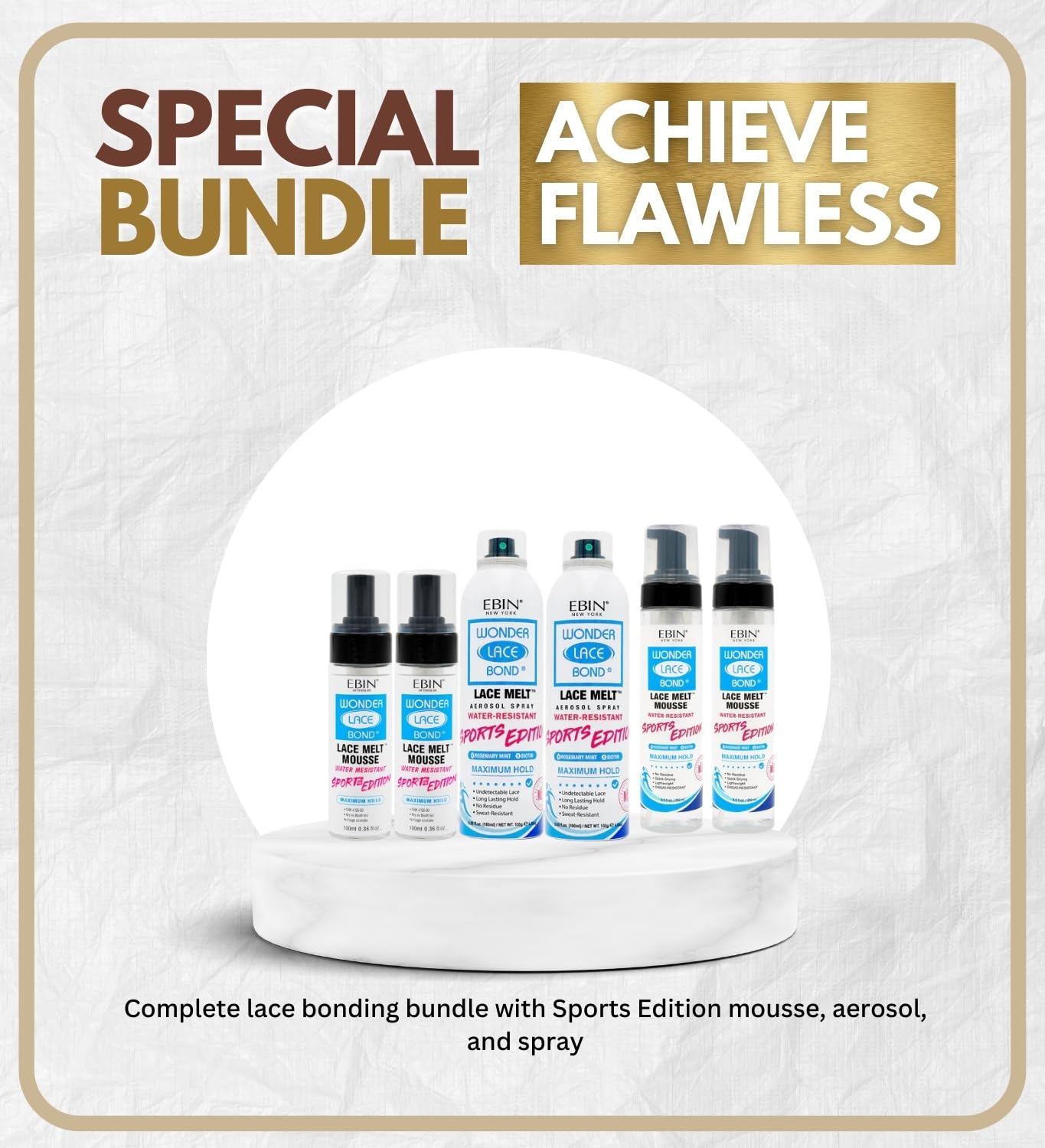 EBIN NEW YORK Ebin Lace Melting Spray – 2x Bond Melt Mousse 250ml & 2x Aerosol 180ml Bundle with Melt 100ml Wig Glue & Lace Gift Set (6 Items)