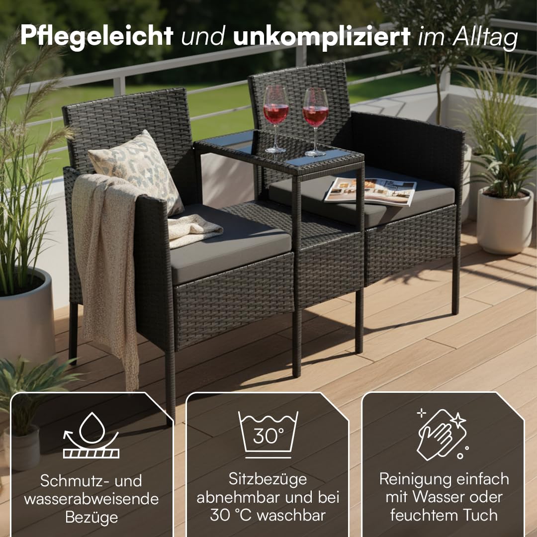 STEELSØN Velara Gartenbank mit integrierten Tisch – Rattan 2er Sitzbank Schwarz inkl. Kissen – Balkonmöbel wetterfest – Terrassen Sitzgruppe bis 320kg – Balkonbank Glas Ablage – Gartensofa