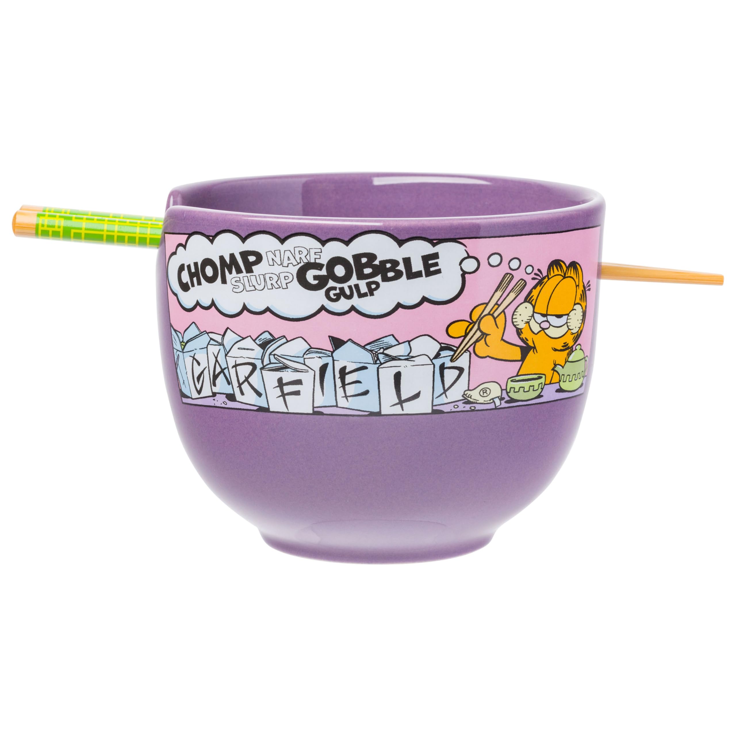 Silver Buffalo Garfield Eating Takeout Ceramic Ramen Bowl with Chopsticks 20 Ounces