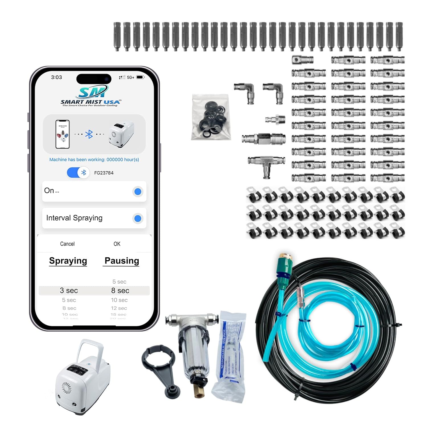 SmartMistUSA App-Controlled 1000 PSI Misting System Kit - 54ft Stainless Steel Tubing, 27 .008" Nozzles for Hot Dry Patios & Greenhouses