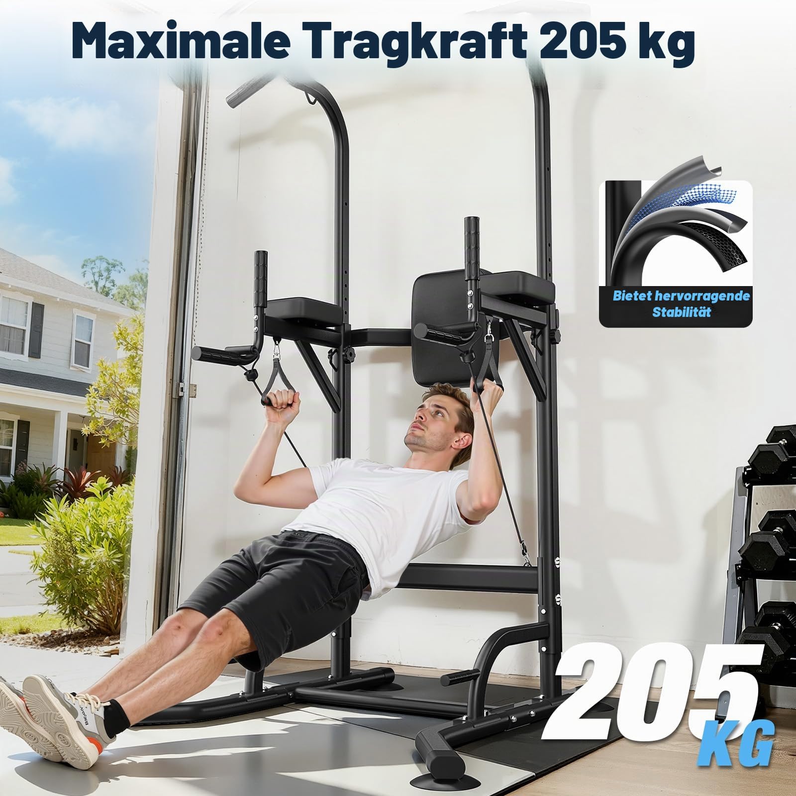 Dskeuzeew Power Tower Multifunktion Dip-Station Klimmzugstange Freistehend für power station Krafttraining keine Bohrung im Home-Gym belastbar 205 kg