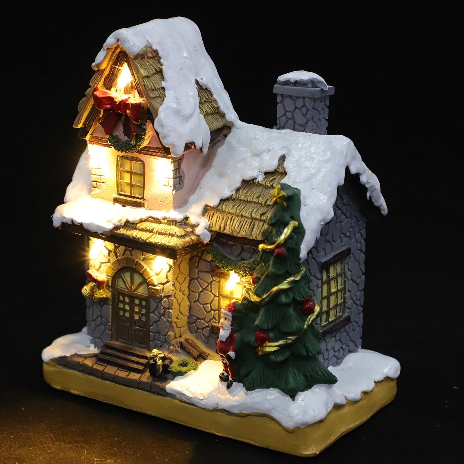 Housoutil Weihnachtliche Harz Hausdekoration mit LED Beleuchtung Kleiner Haus Ornament für Schlafzimmer und Büro Dekorativ und Festlich im Weihnachtsstil