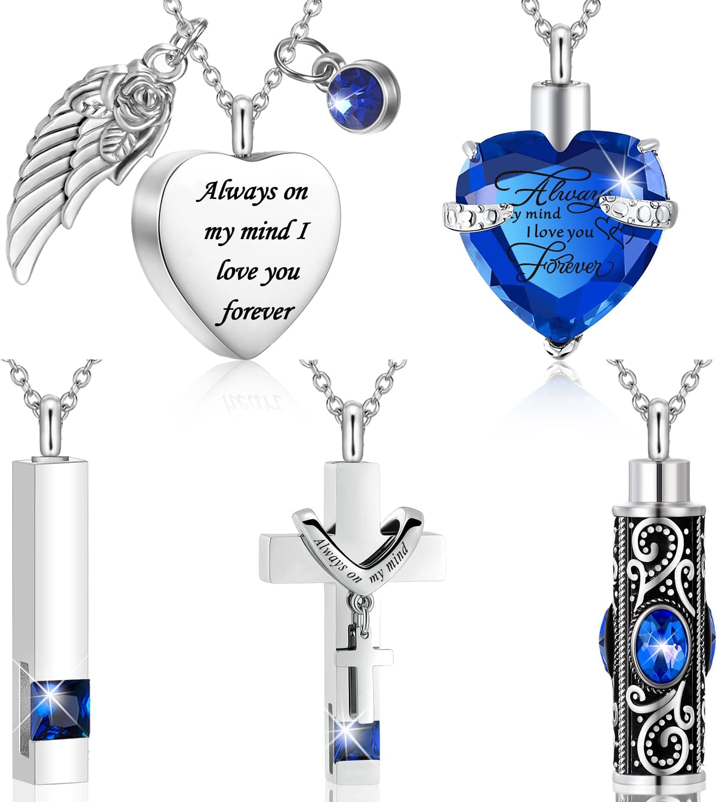 Fumete 5 Pcs Urn Necklace for Ashes Cremation Jewelry Necklace Set for Ashes Memorial Keepsake Heart Cross Cubic Stainless Steel Urn Jewelry for Loved One or Pet Women Men, 5 Styles