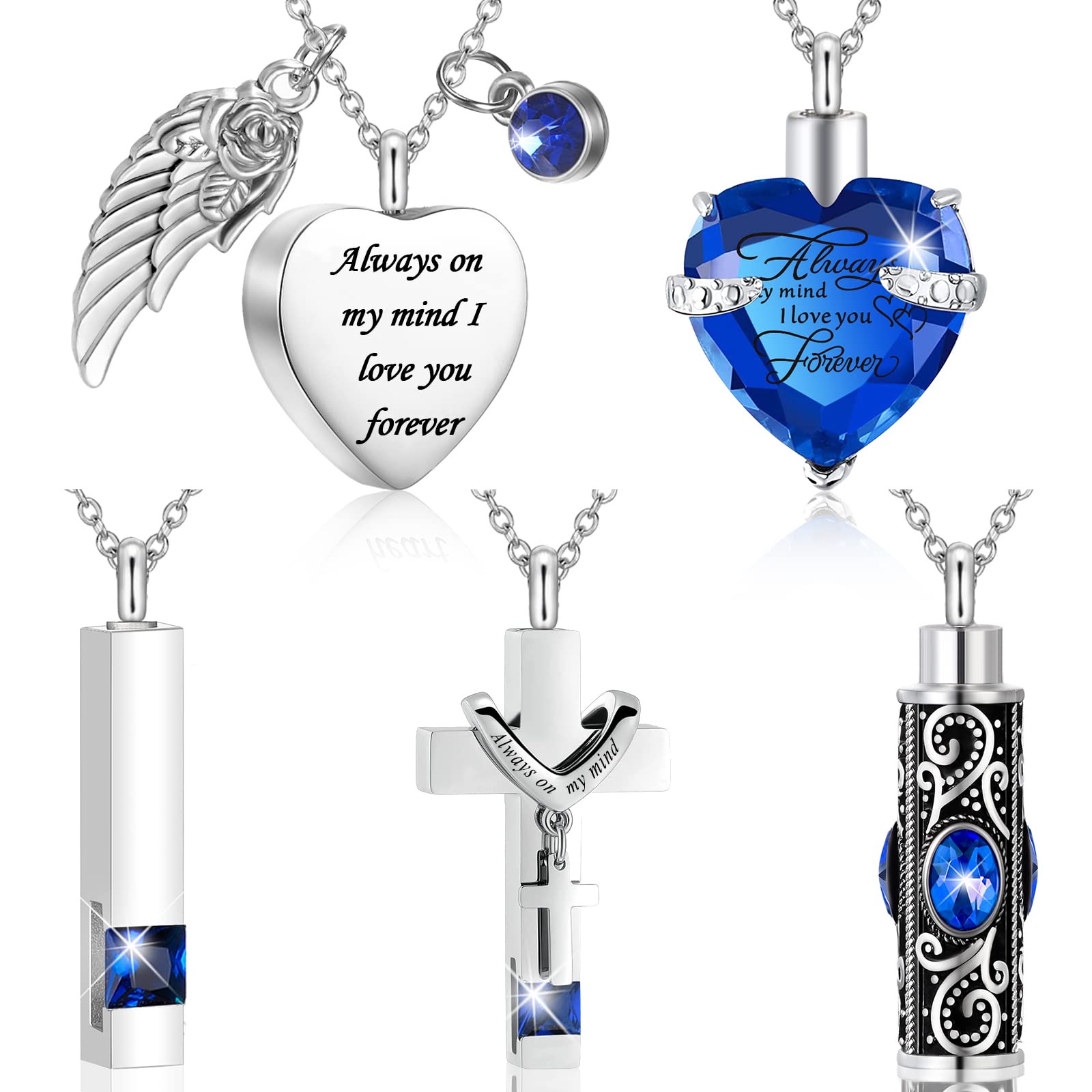 Fumete 5 Pcs Urn Necklace for Ashes Cremation Keepsake Necklace for Ashes of Loved Heart Cross Cubic Stainless Steel Memorial Locket Urn Keepsake Jewelry for Women Men, 5 Styles