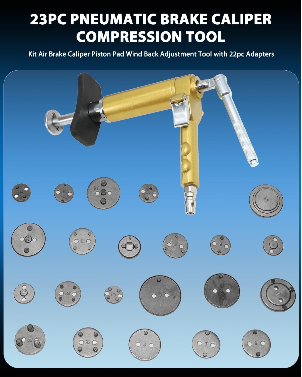 DPTOOL Kit di strumenti di compressione per pinza freno pneumatica da 23 pezzi, pinza freno pneumatico, pistone e cuscinetto per la regolazione della parte posteriore del vento, con adattatori da 22