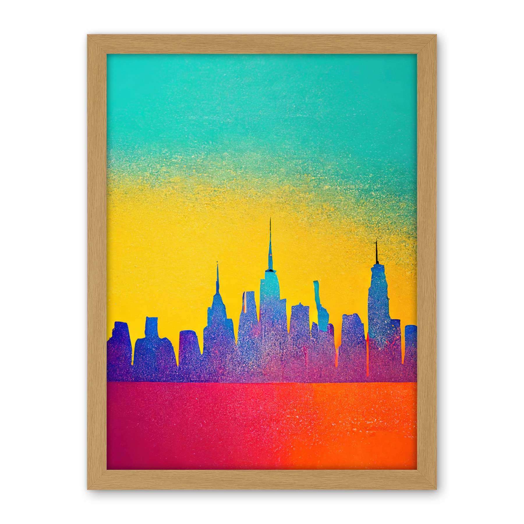 Wee Blue Coo Bright Colourful Abstract New York Skyline Cityscape Yellow Blue Coral Turquoise Artwork Framed Wall Art Print 18X24 Inch