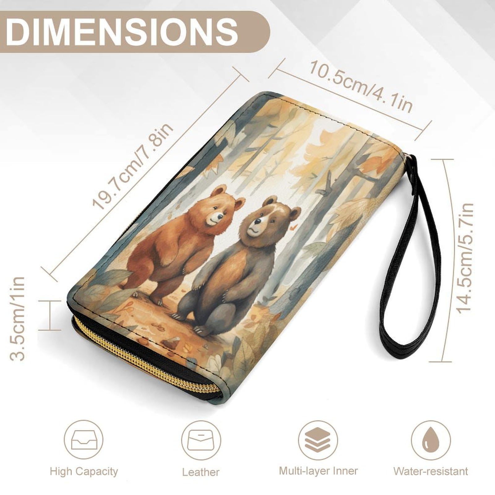 Large Wallet Novelty Bear in Woods Printing Long Wallet With Zipper Leather Wallet Suitable For Both Men And Women