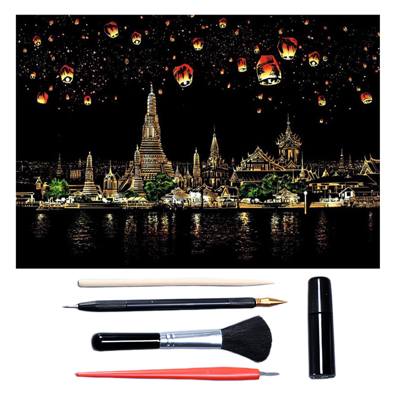 Scratch Art for Adults & Teens, Paint by Scratch 16 X 11.2 Inches, Scratch Off Paper Painting, Scratchart Kit Ornaments, Colorful Sketches Rainbow Scratch Art (Chiang Mai)