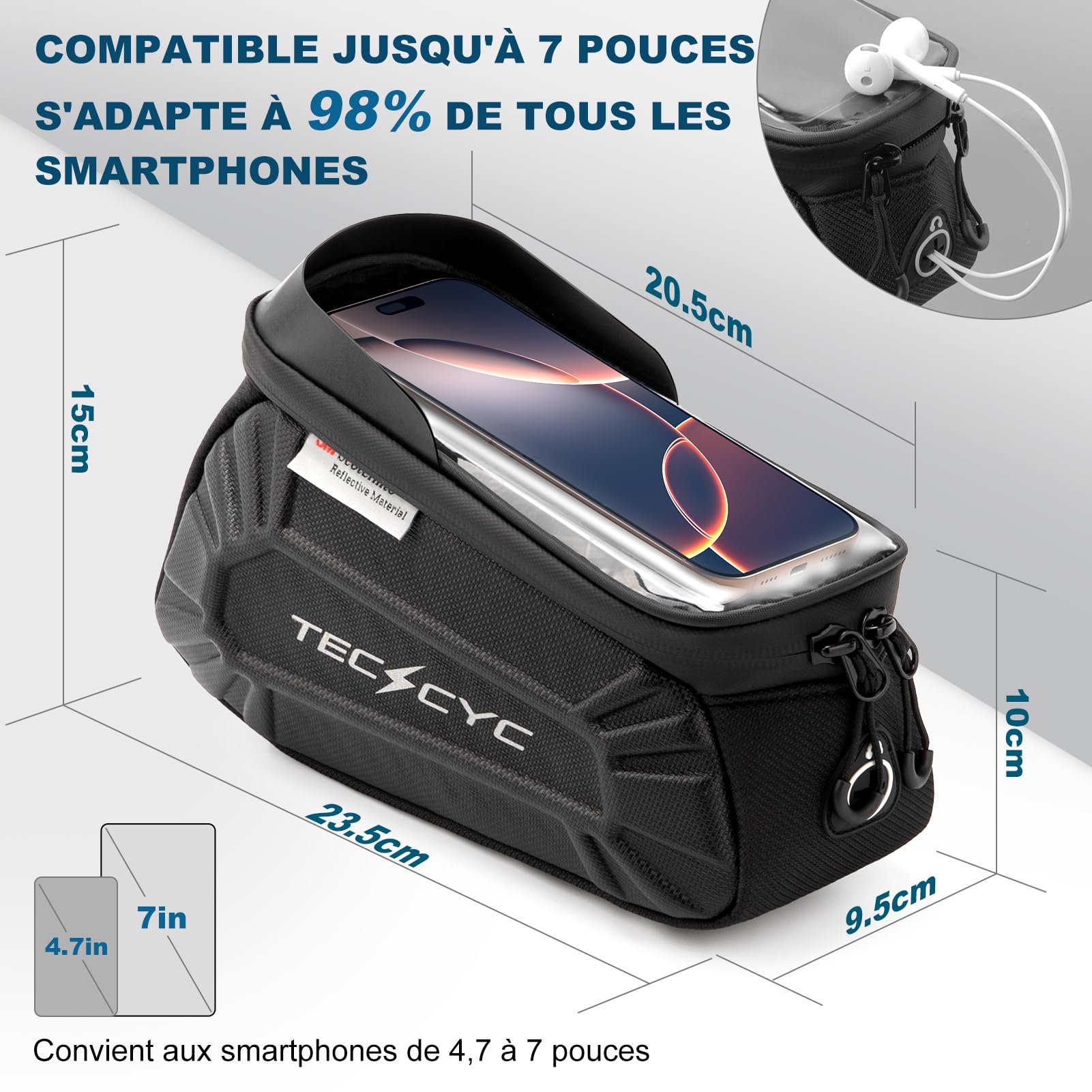 TECHCYC Sacoche de Cadre Velo Côté Avec Réflecteurs,Sacoche Vélo avec écran tactile TPU, Imperméable Résistant rayures Sacoche Guidon Vélo,pour Smartphone sous 7'', VTT, Vélo de Route, Vélo électrique