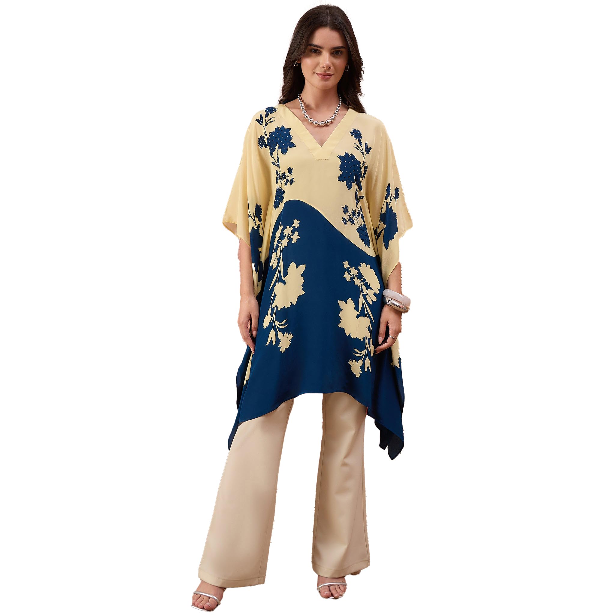 first resort Yellow and Blue colourblocked Floral Kaftan Tunic-picture-37
