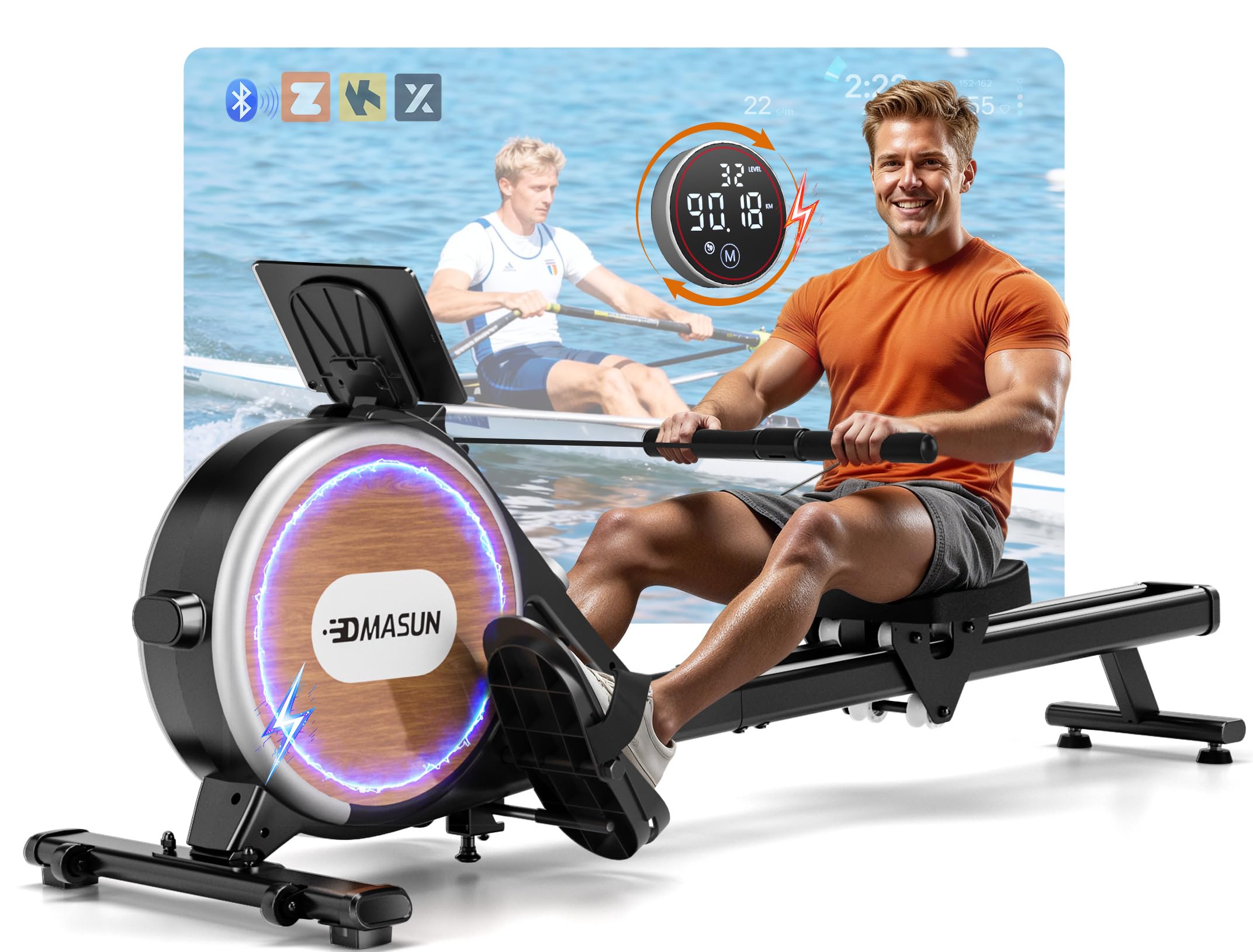Rudergerät für Zuhause, DMASUN Magnetisches Rudergerät mit Upgrade Doppel-Slide-Rails, APP-Verbindung, 16 Widerstandsstufen, LCD-Datenanzeige, ideal für Cardio-Training