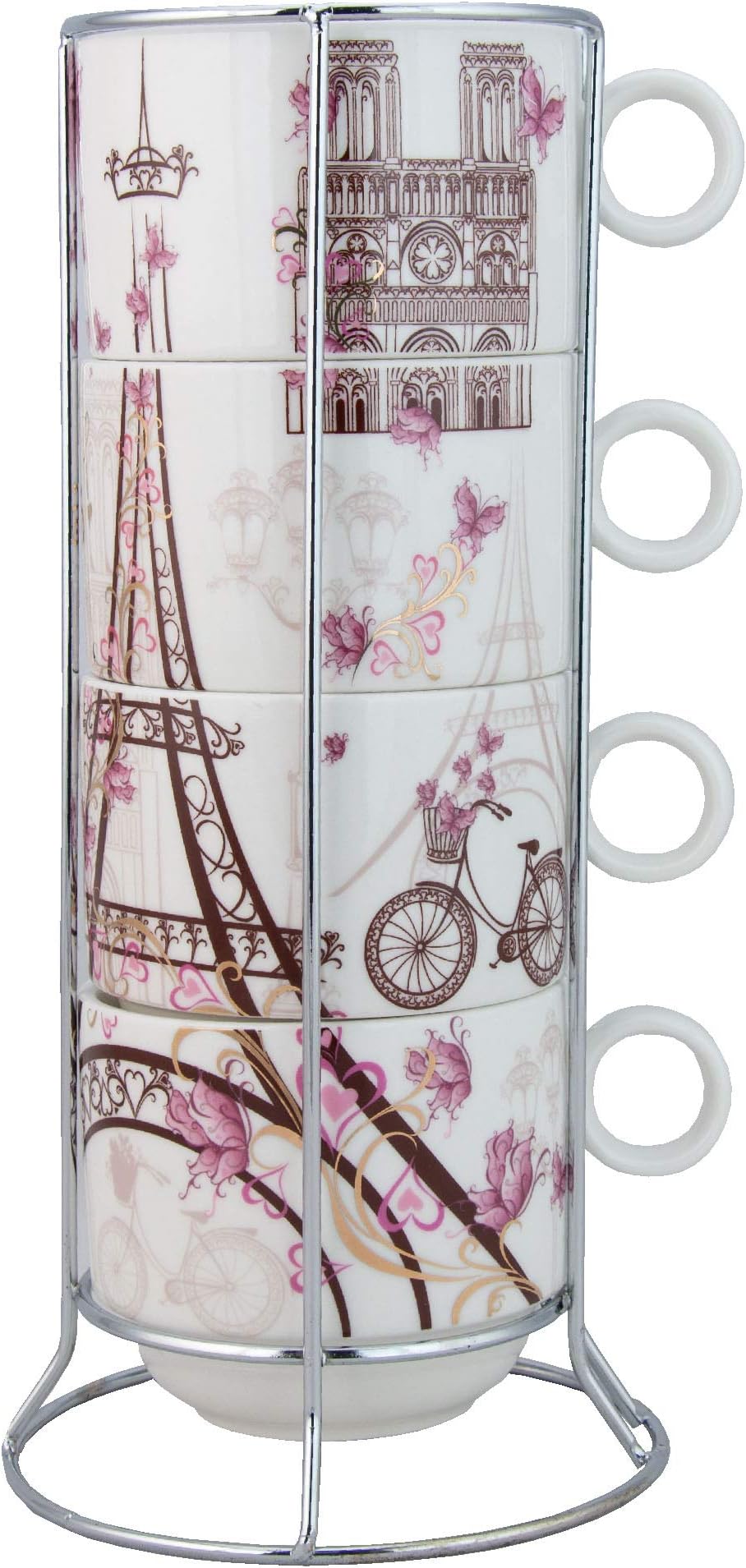 Grace Teaware Stackable Coffee Tea Mug 10-Ounce Set of 4 With Metal Stand (Paris)