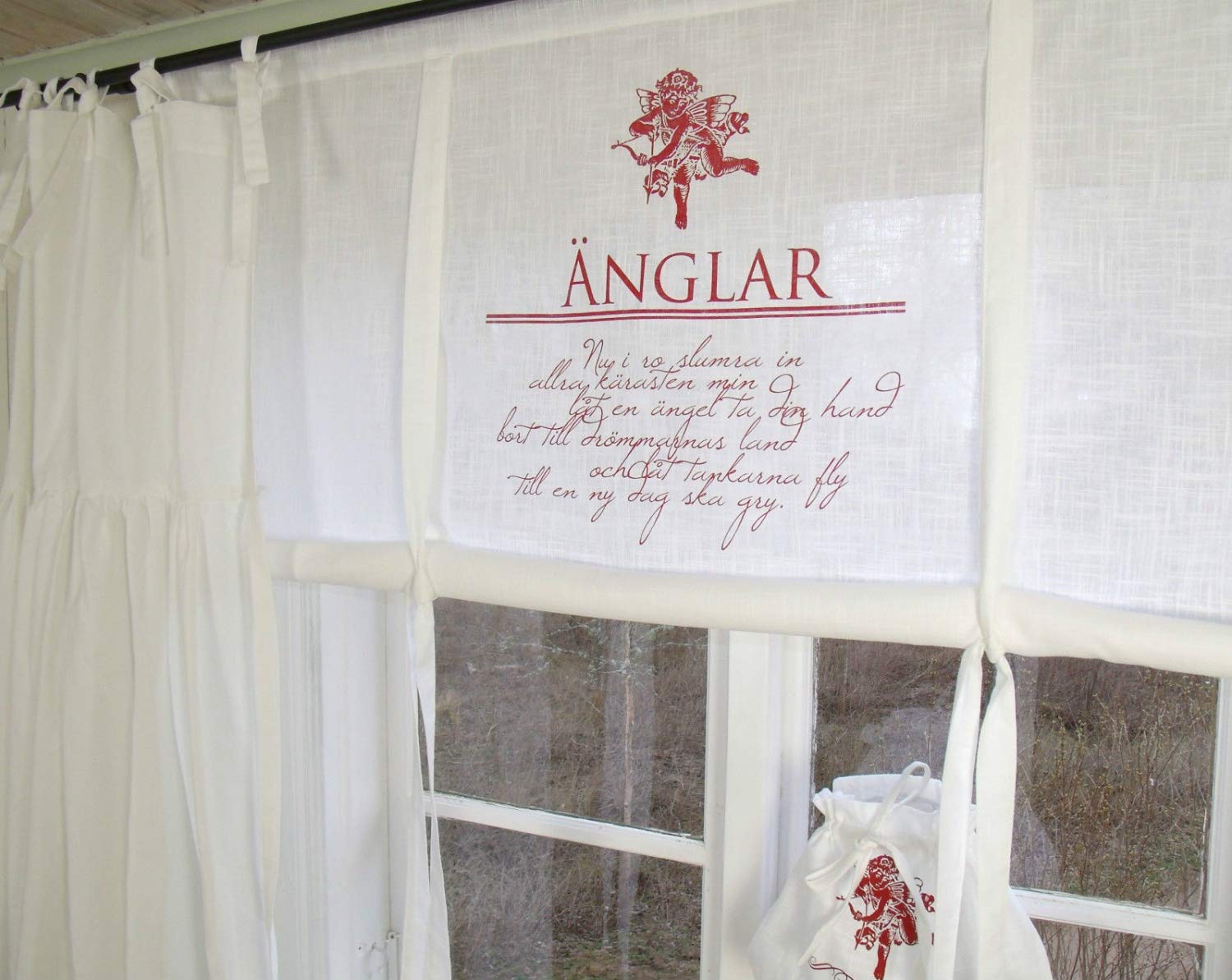Raff Gardine ROMANTIK WEIß Rot Rollo 140x120 cm Scheibengardine Vintage Landhaus Shabby