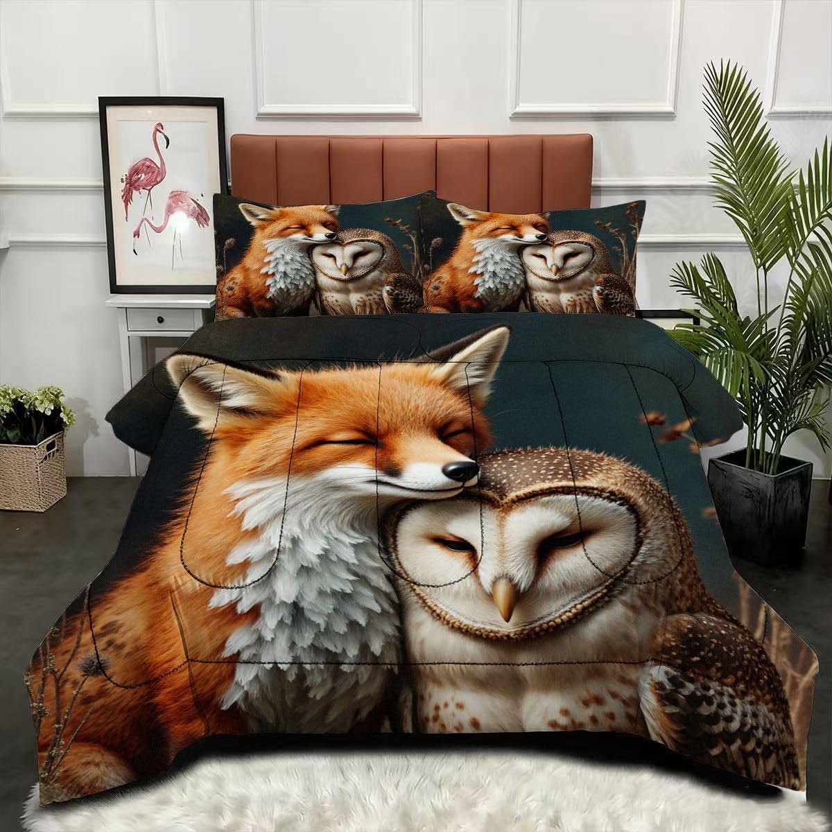 Couette 240x260 cm avec 2 taies d'oreiller microfibre orange motif renard pour lit 2 personnes