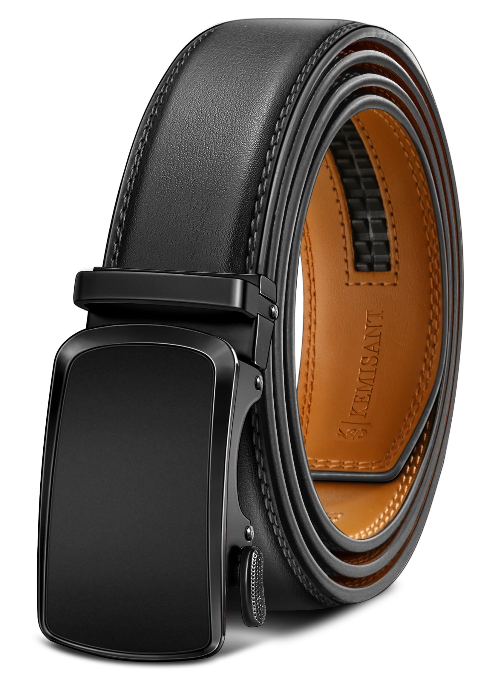 KEMISANT Ratchet Leather Belt Adjustable for Men Trimmable 1 3/8 Gift Boxed