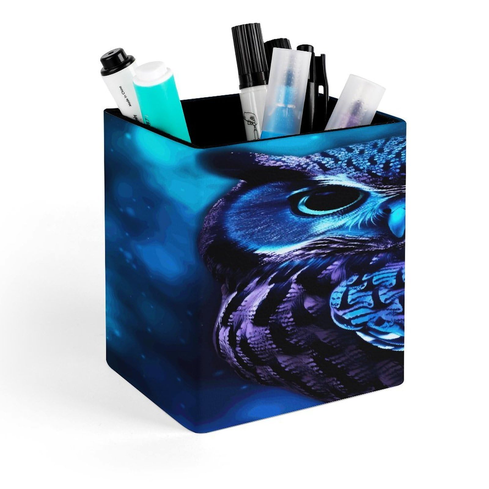 FekiLoot Blue Owl Pencil Holder for Desk Square Leather Pen Holder Cup Desktop Organizer Multi-Functional Pencil Cup Holders Modern Decorative Desk Organizer Caddy Makeup Brush Holders