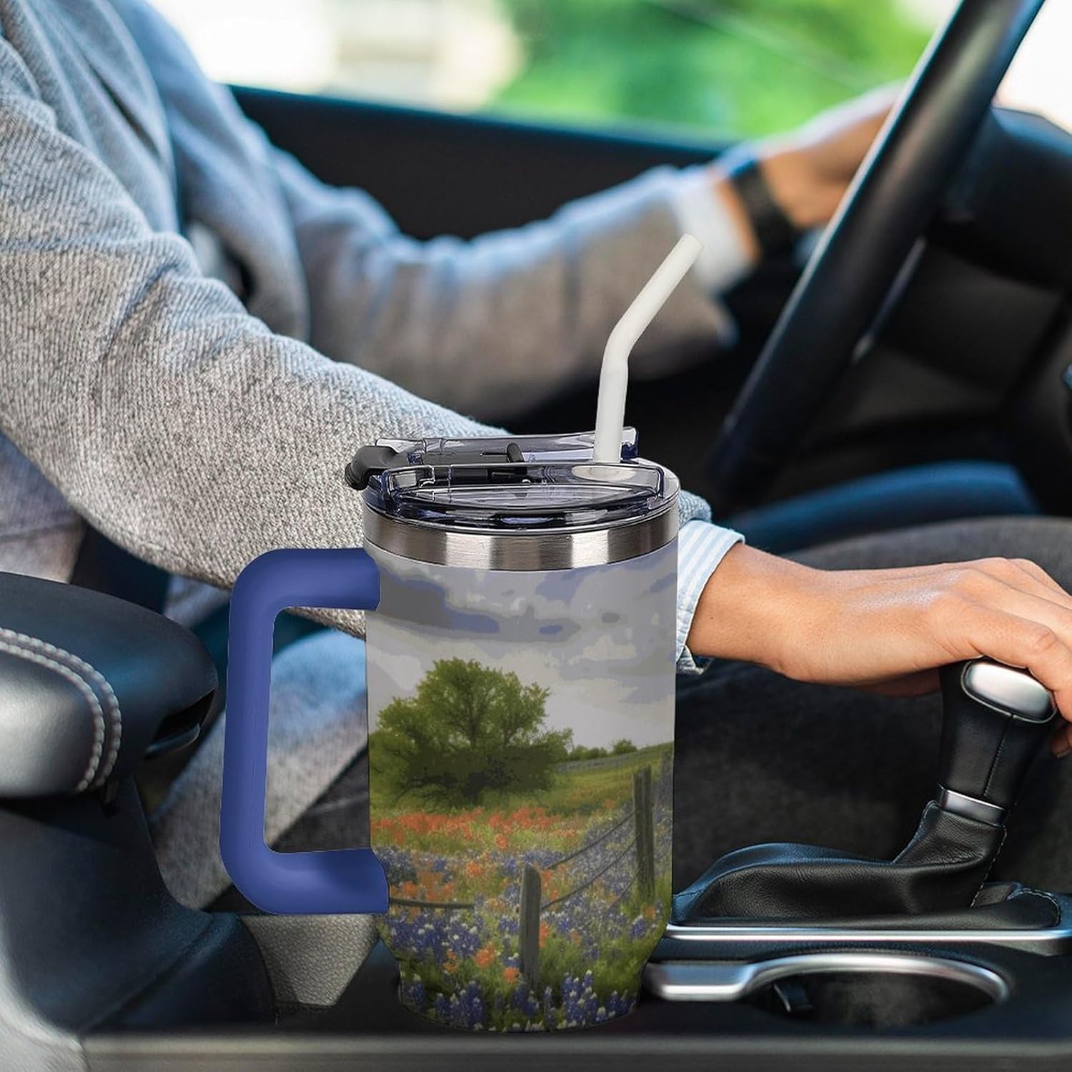 40 Oz Texas Bluebonnets Scenery Tumbler with Handle And Straw, Stainless Steel Vacuum Travel Coffee Mug Insulated Water Bottle Leak-proof Large Capacity Car Cup Gifts, Cupholder Friendly