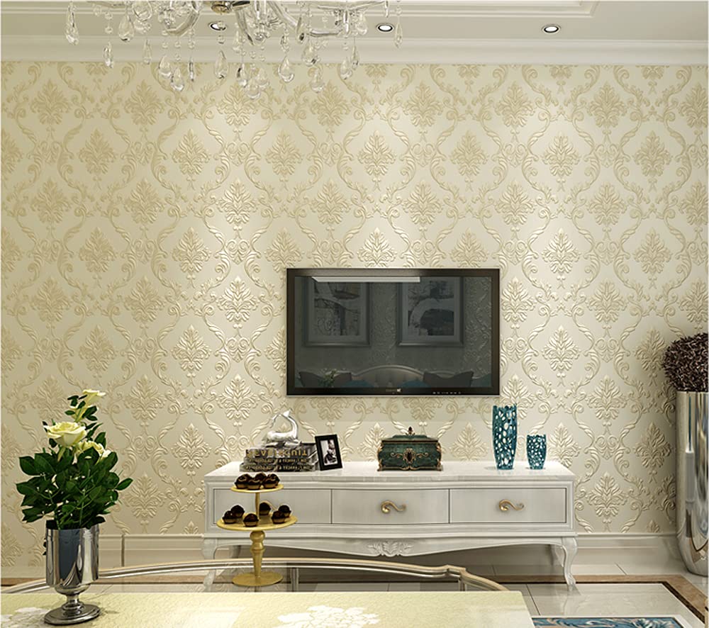 通用 20.87″Wx393.7″L Damask 3D Embossed Modern Minimalist Restaurant Bedroom Living Room TV Background Non-Woven Wallpaper 20.87″Wx393.12″L Non-Pasted (Light Beige) - Image 3