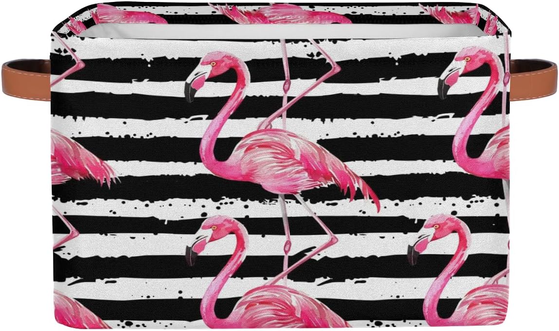 Storage Bins Foldable Cube Storage Baskets, Pink Flamingo Black And White Stripes Closet Shelf Organizer, Decorative Basket for Nursery Kids Bathroom Home Office
