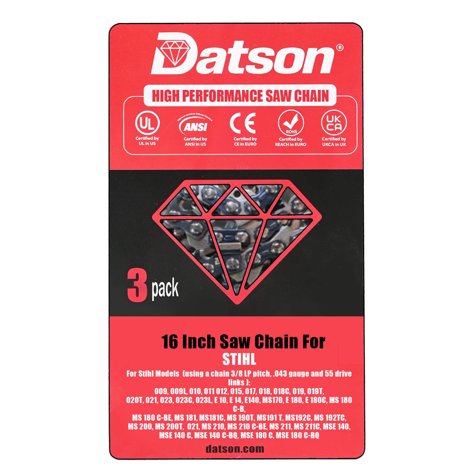 3 Pack Chainsaw Chain for 16" (40cm) 55 Drive Links, .043" Gauge,3/8" LP, Chains Compatible for Stihl MS 180 C-BE,MS 181,MS181C,MS 190T,MS191 T,MS192C,MS 192TC,MS 200,MS 200T, 021,MS 210